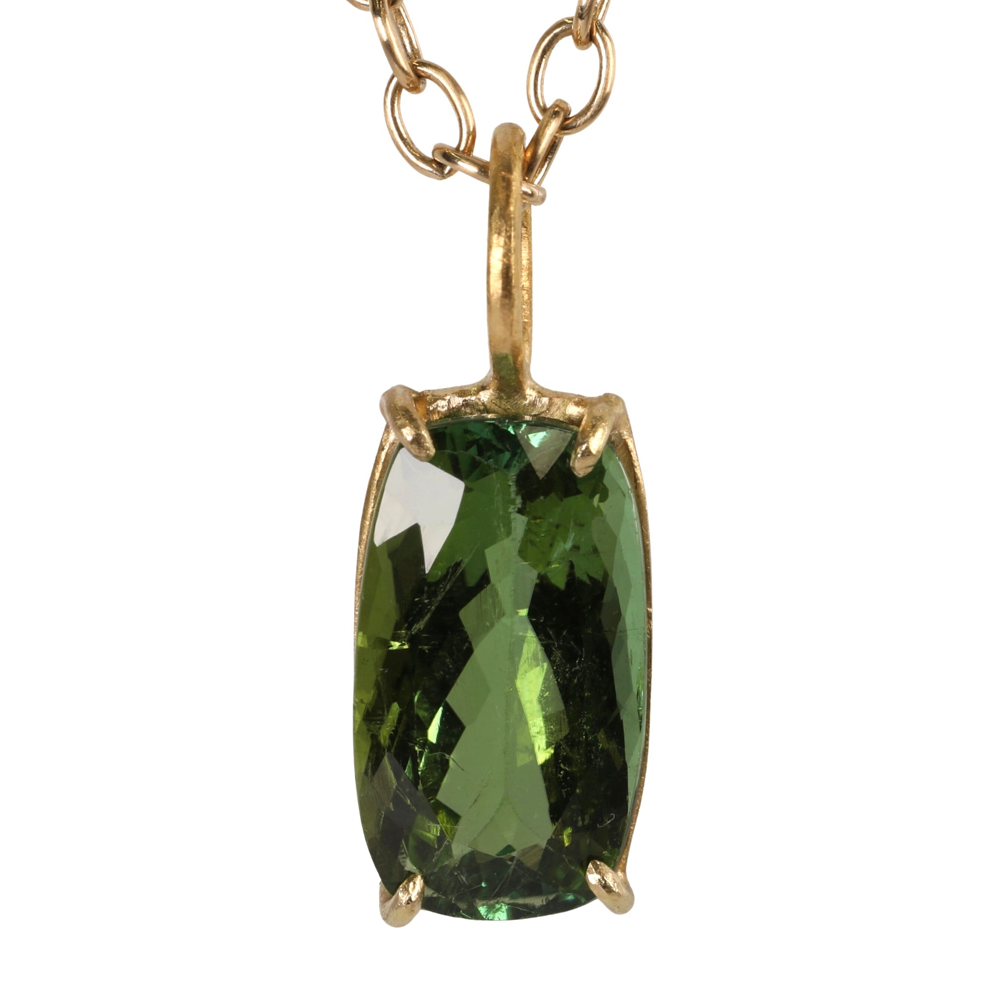 18K Gold Prong-Set Cushion-Cut Green Tourmaline Pendant - Peridot Fine Jewelry - Rosanne Pugliese