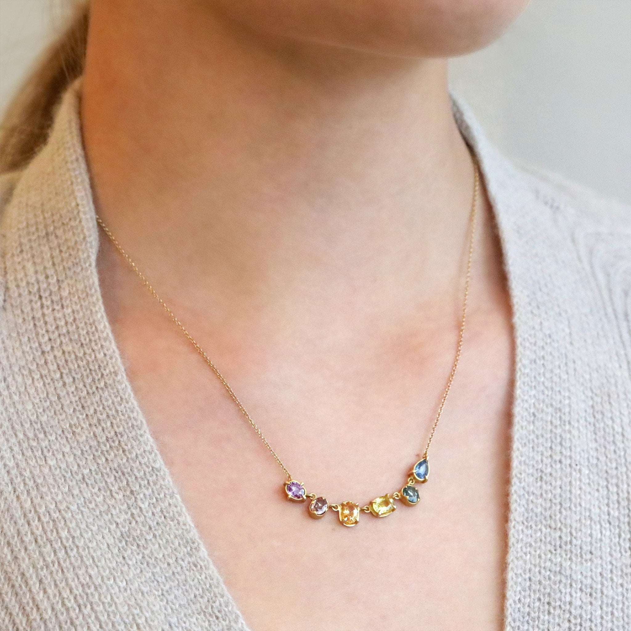 Annie Fensterstock Gold Rainbow Sapphire Necklace