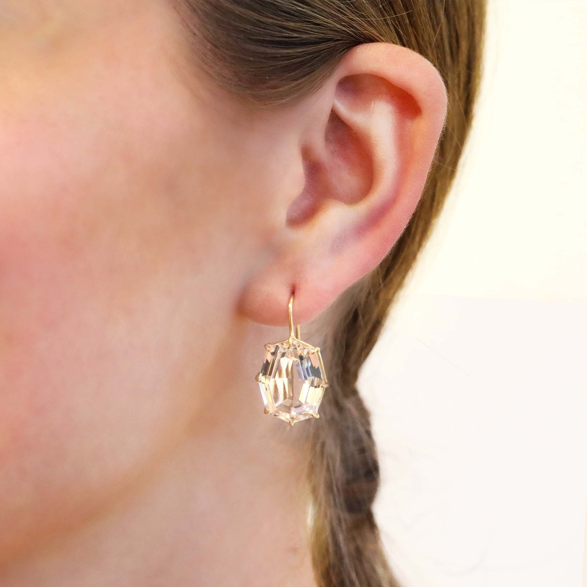 18K Gold Prong - Set White Topaz Hexagon Earrings - Peridot Fine Jewelry - Rosanne Pugliese