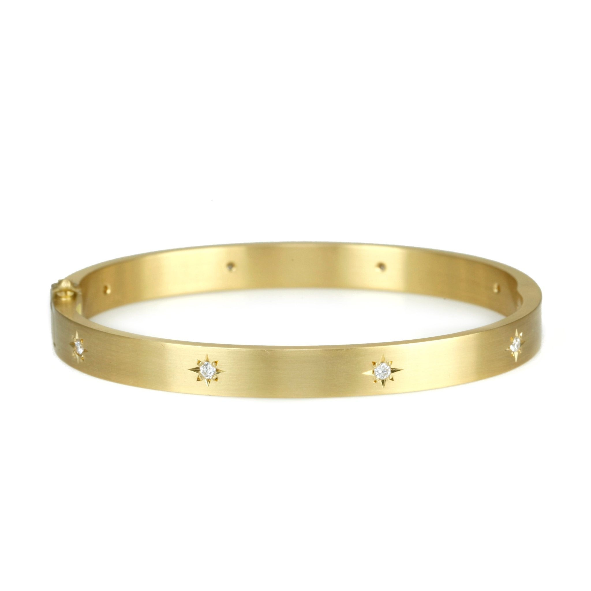 18K Gold Wide Hinged Bangle Bracelet with 8 Star-Set Diamonds