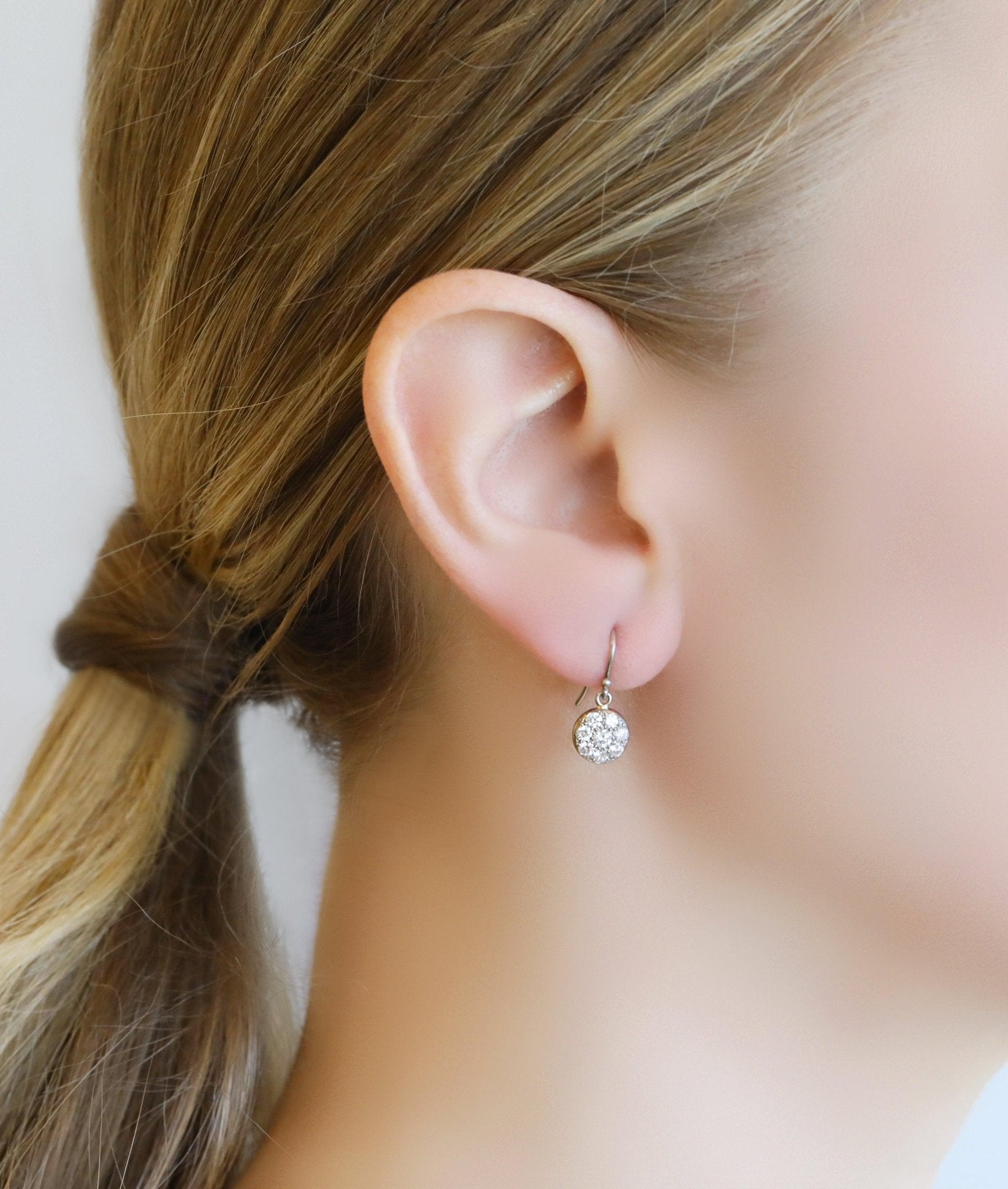 Caroline Ellen Palladium White Gold and Pave Diamond Small &quot;Lentil&quot; Earrings  Edit alt text