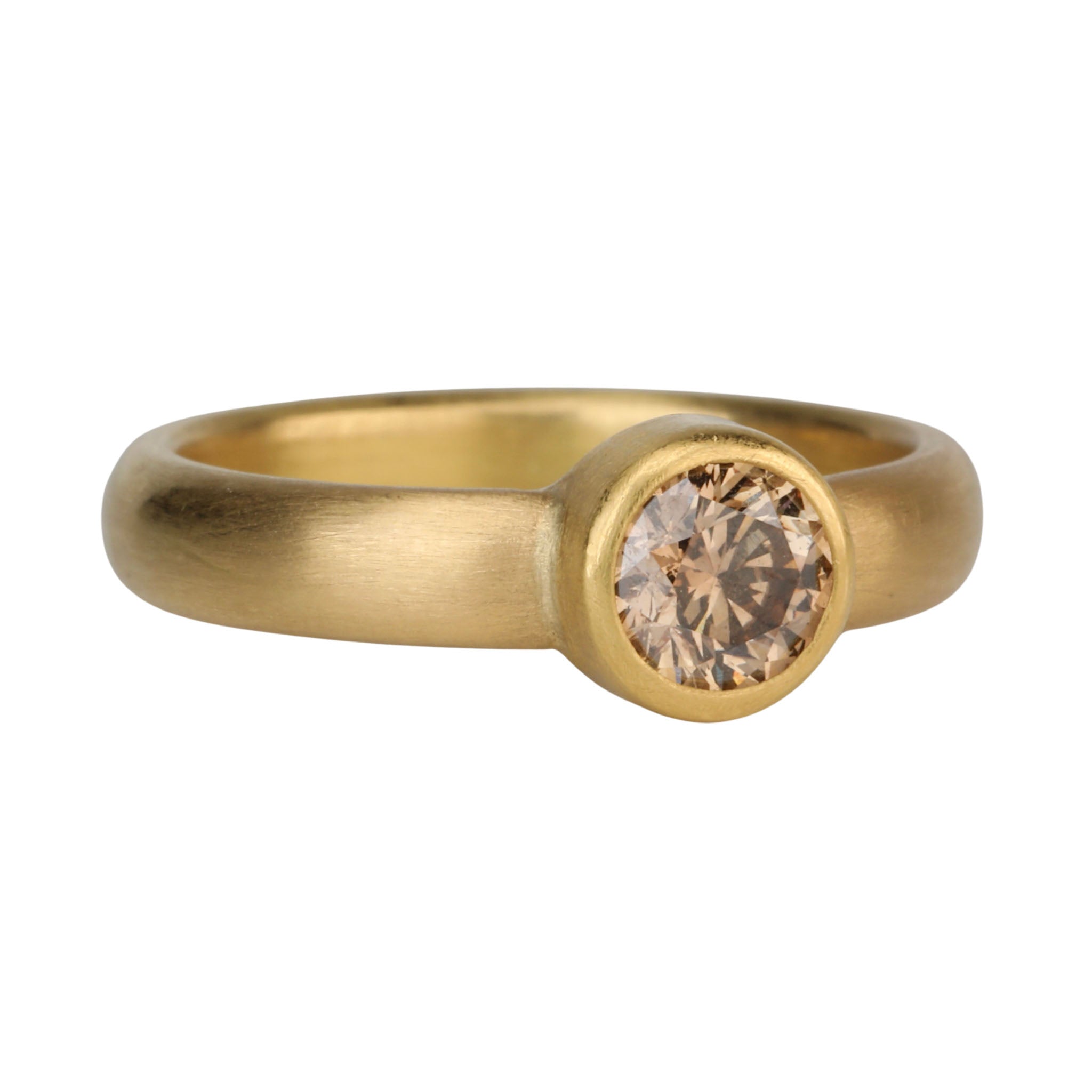 20 &amp; 22K Gold Bezel-Set Faceted Round Cognac Diamond Ring - Peridot Fine Jewelry - Caroline Ellen