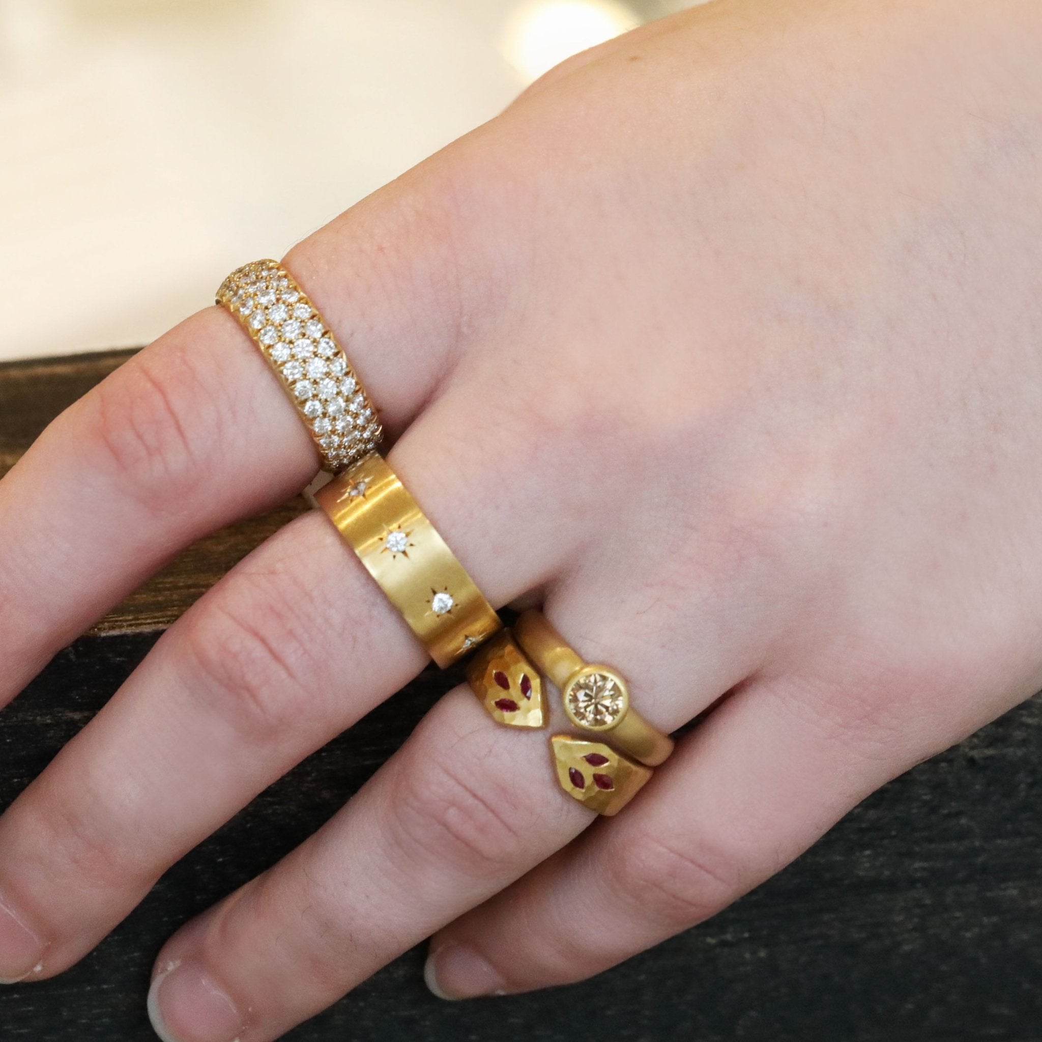 20 &amp; 22K Gold Bezel-Set Faceted Round Cognac Diamond Ring - Peridot Fine Jewelry - Caroline Ellen