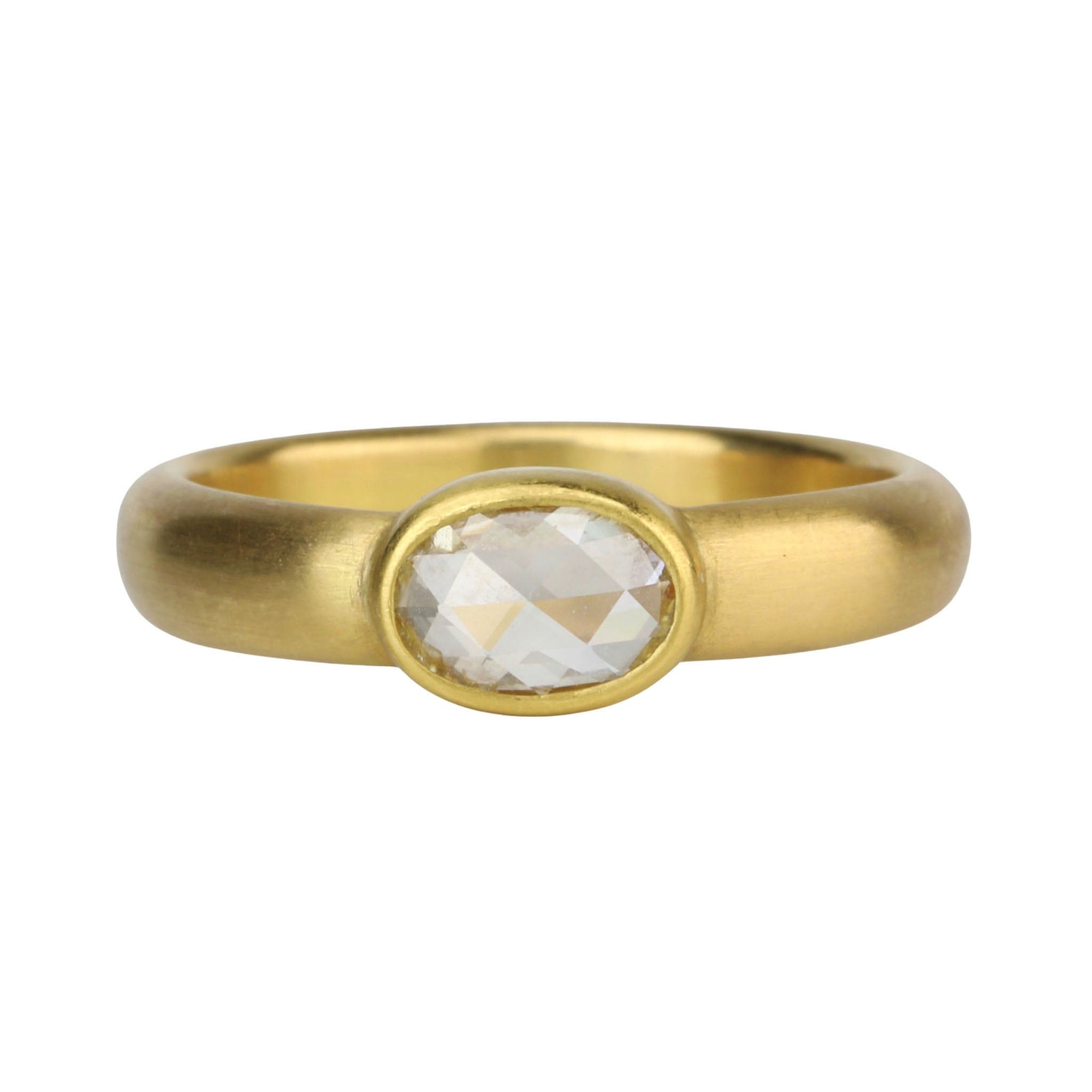 20 &amp; 22K Gold Bezel-Set Rosecut Oval White Diamond Ring - Peridot Fine Jewelry - Caroline Ellen