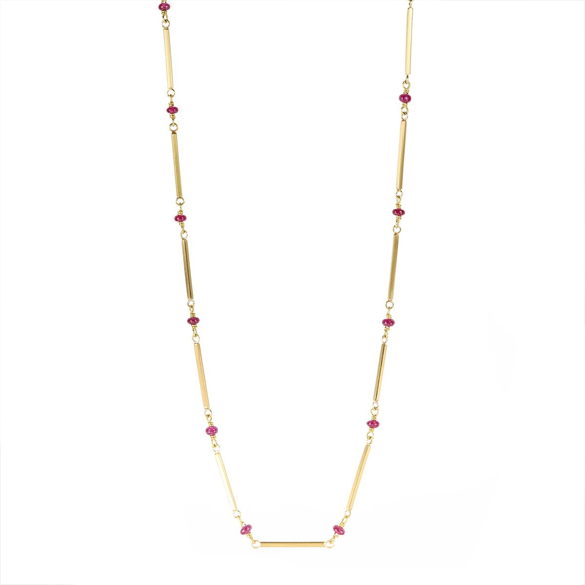 Caroline Ellen 20K Gold Bar Chain Necklace with Cabochon Ruby Beads