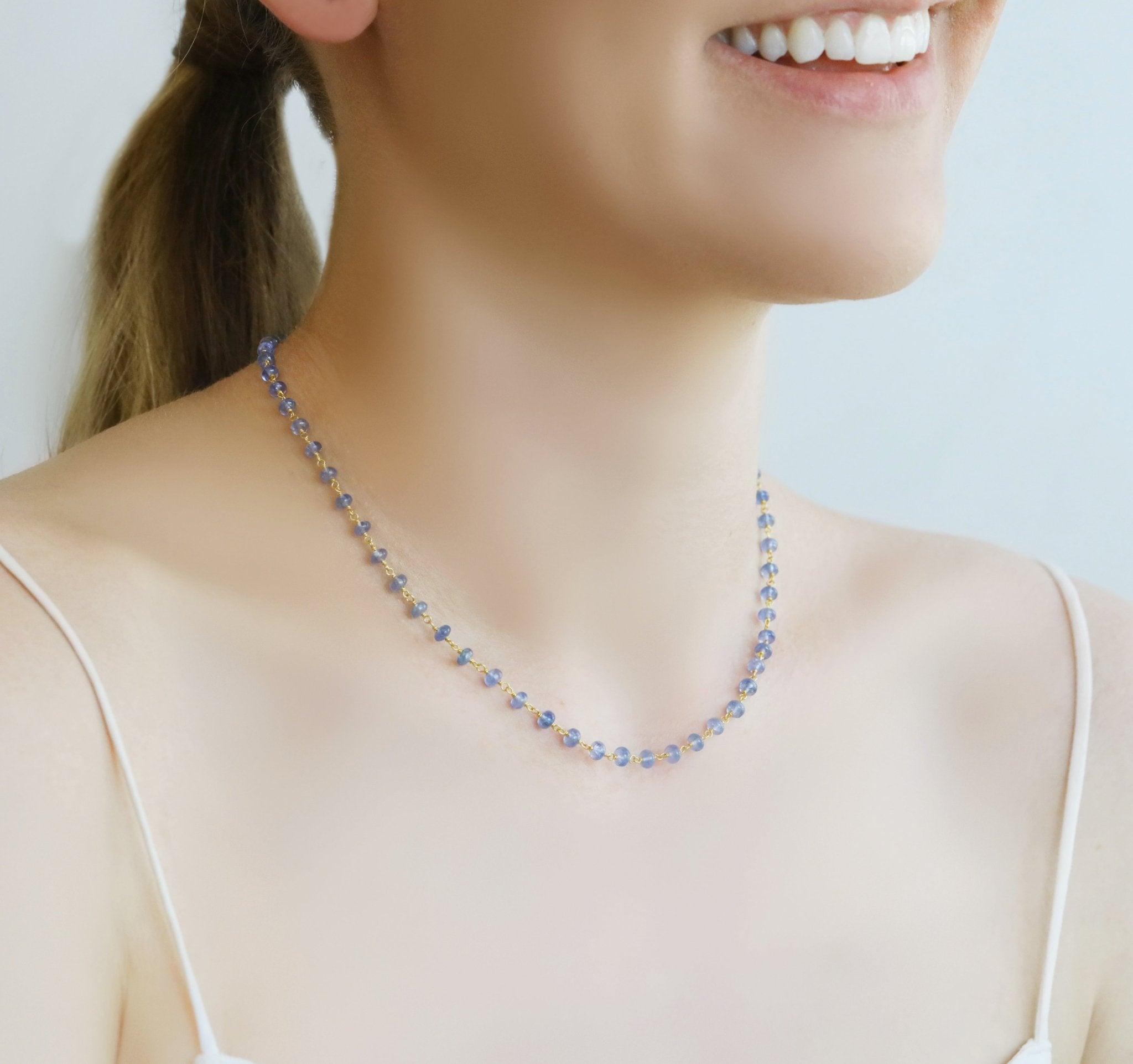 Caroline Ellen 20K Gold &amp; Cabochon Lighter Blue Sapphire Bead Wire-Wrapped Necklace