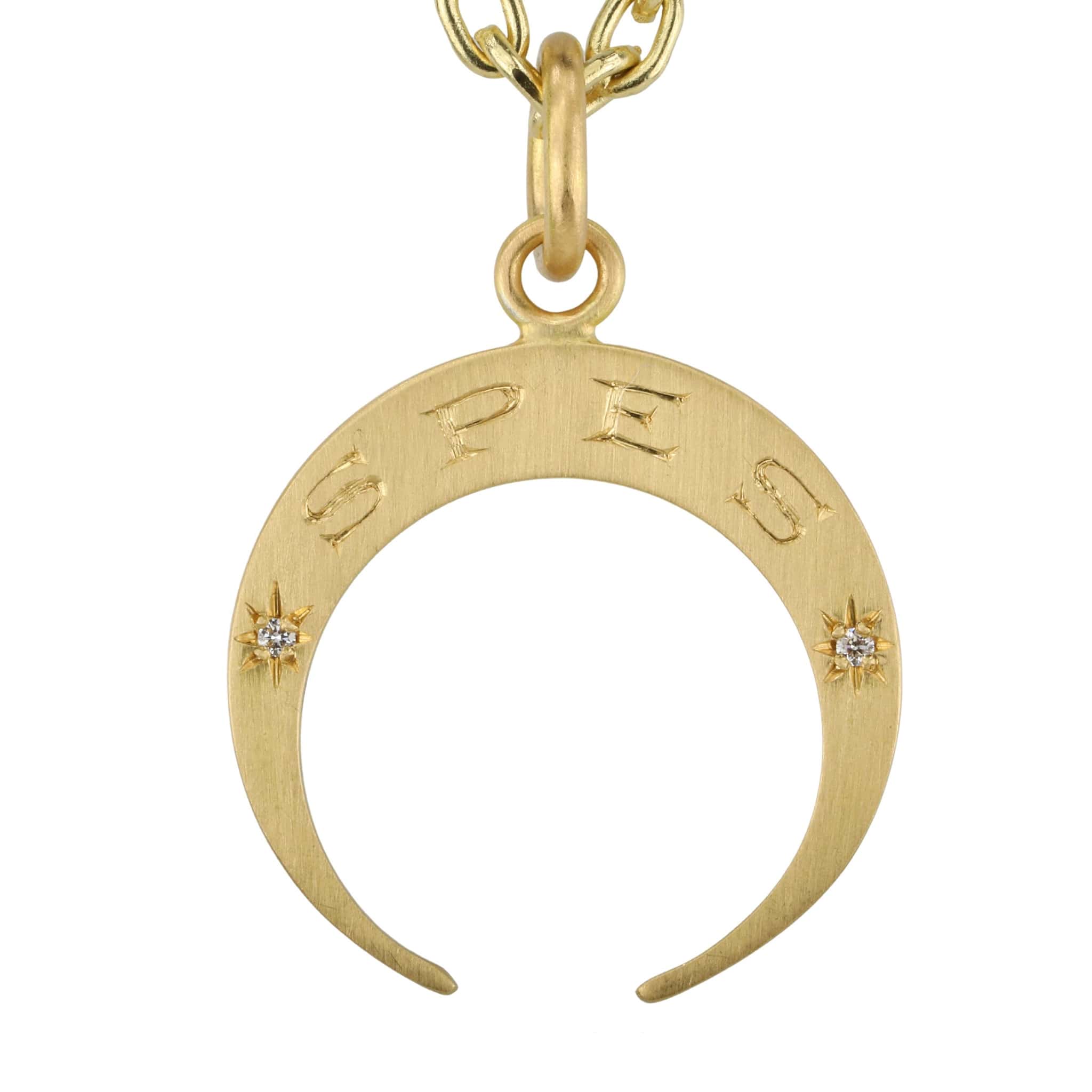20K Gold Crescent Engraved SPES &amp; OPES Pendant with 4 Star Set Diamonds