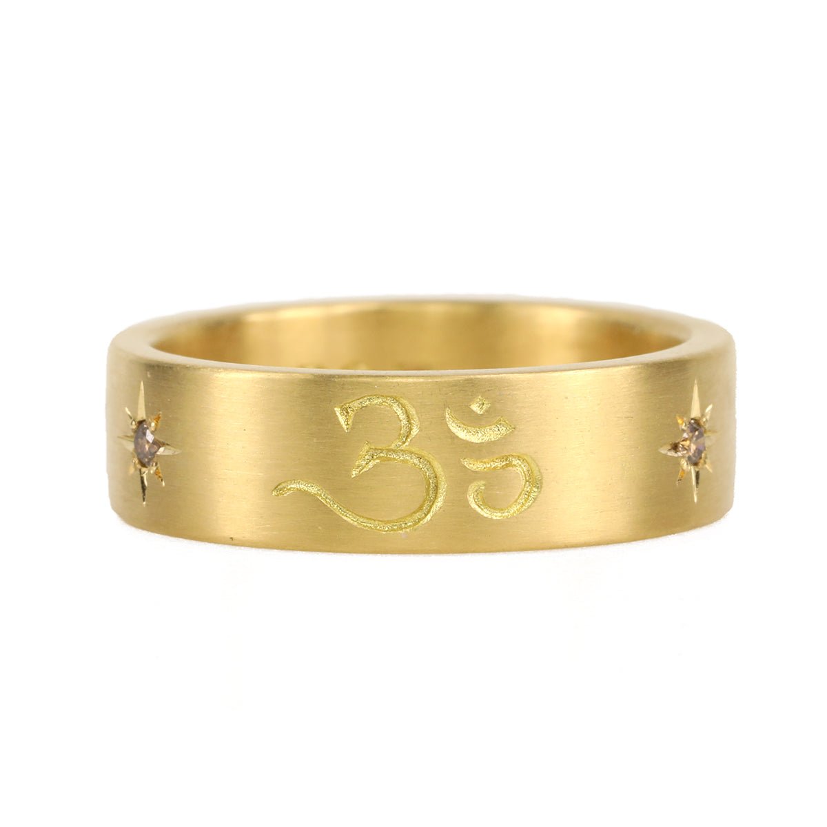20K Gold Engraved &quot;Om&quot; Ring with Star-Set Cognac Diamonds