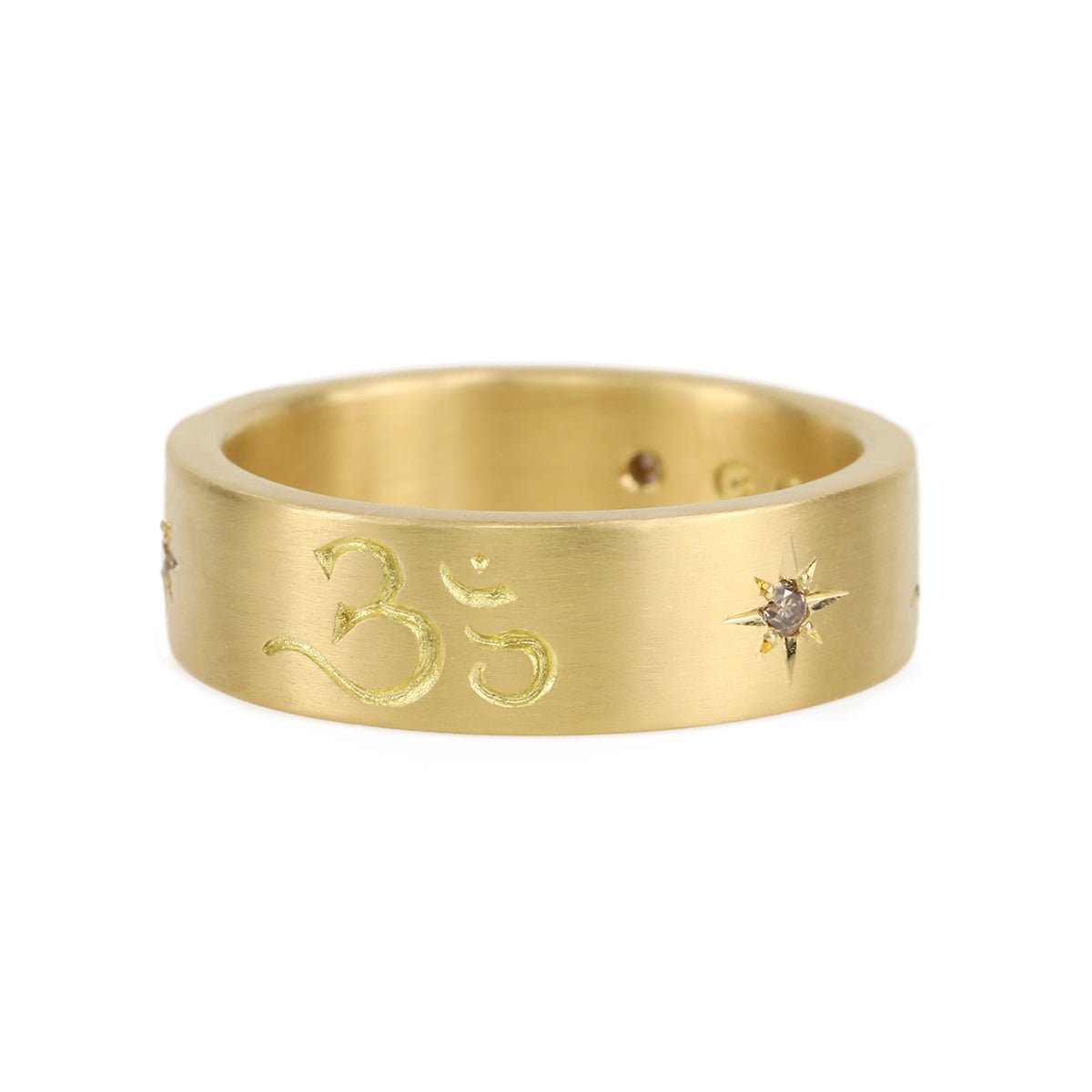 20K Gold Engraved &quot;Om&quot; Ring with Star-Set Cognac Diamonds