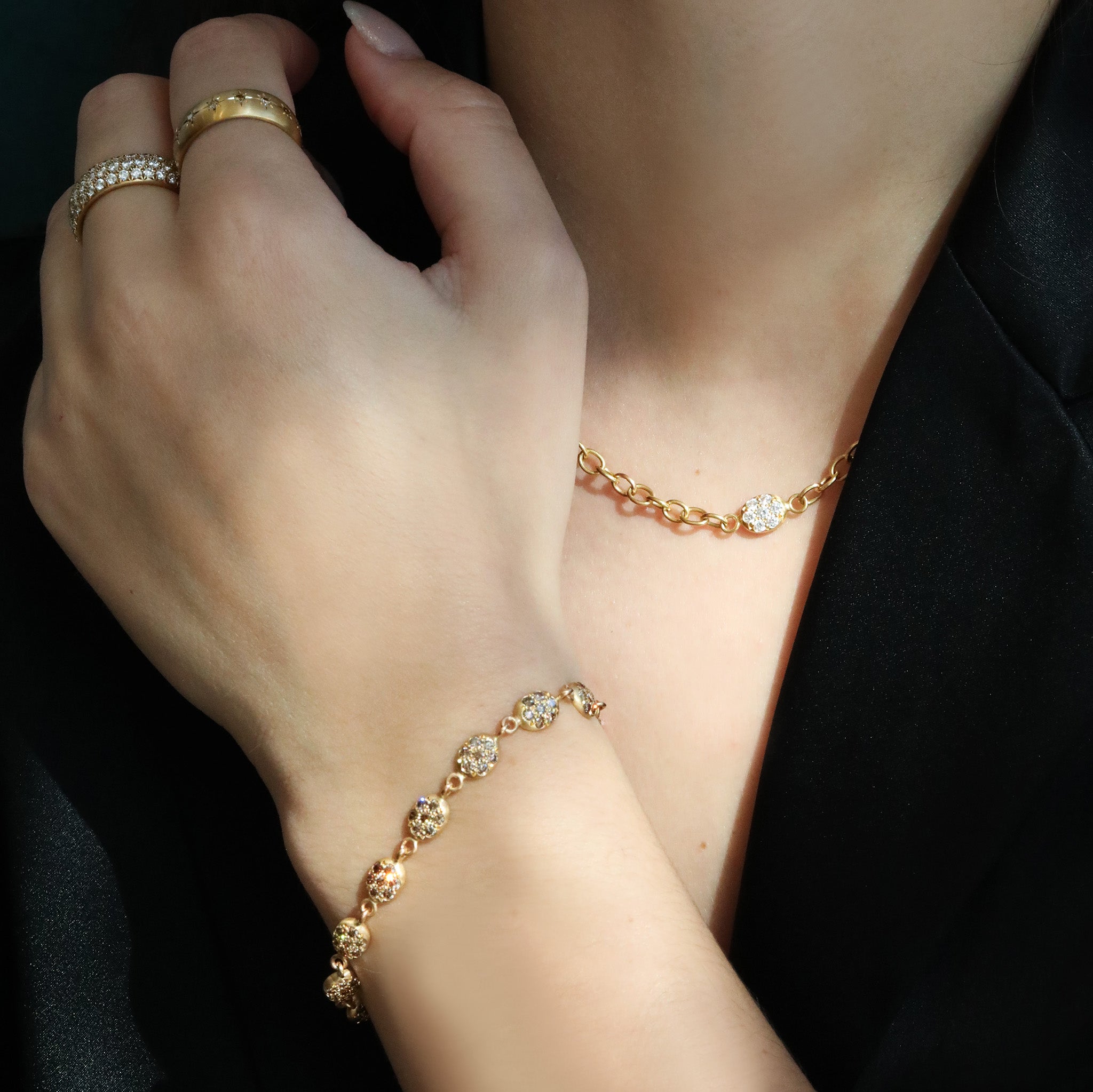20K Gold Handmade Chain Necklace with Pave Diamond "Nugget" Centerpiece - Peridot Fine Jewelry - Caroline Ellen