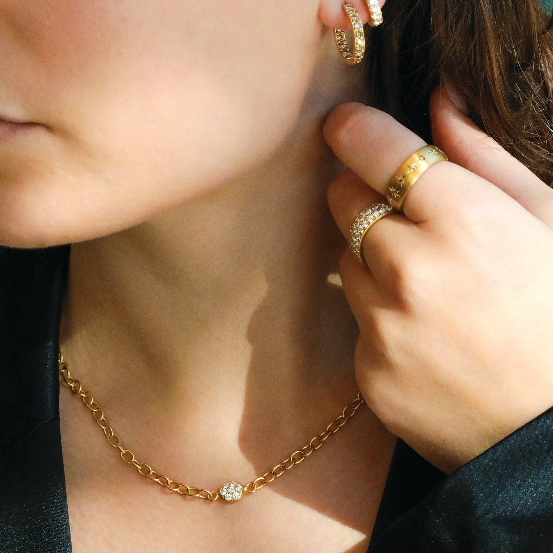 20K Gold Handmade Chain Necklace with Pave Diamond "Nugget" Centerpiece - Peridot Fine Jewelry - Caroline Ellen