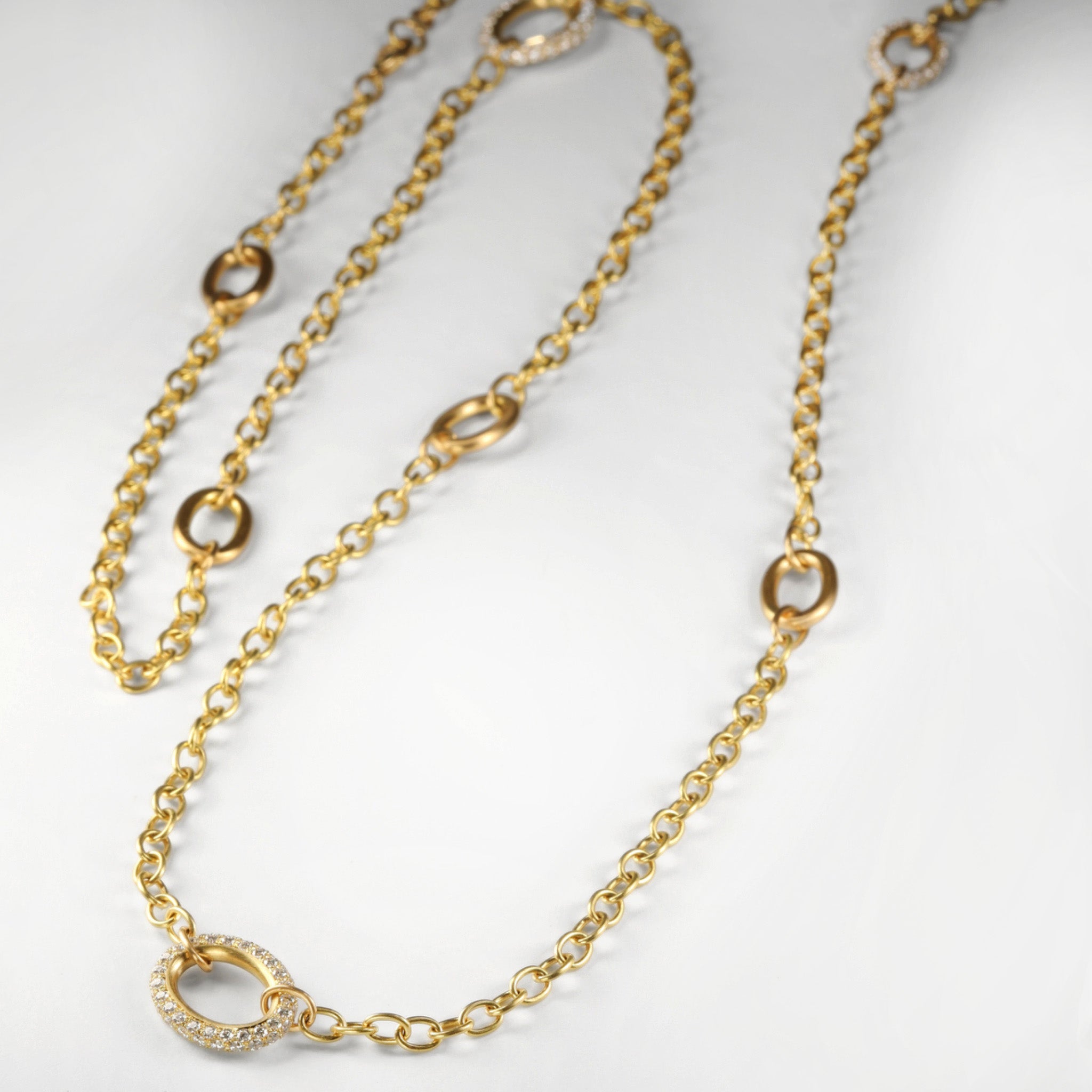 Caroline Ellen 20K Gold Handmade Chain Station Necklace with 8 Varied Gold and Pave Diamond Links