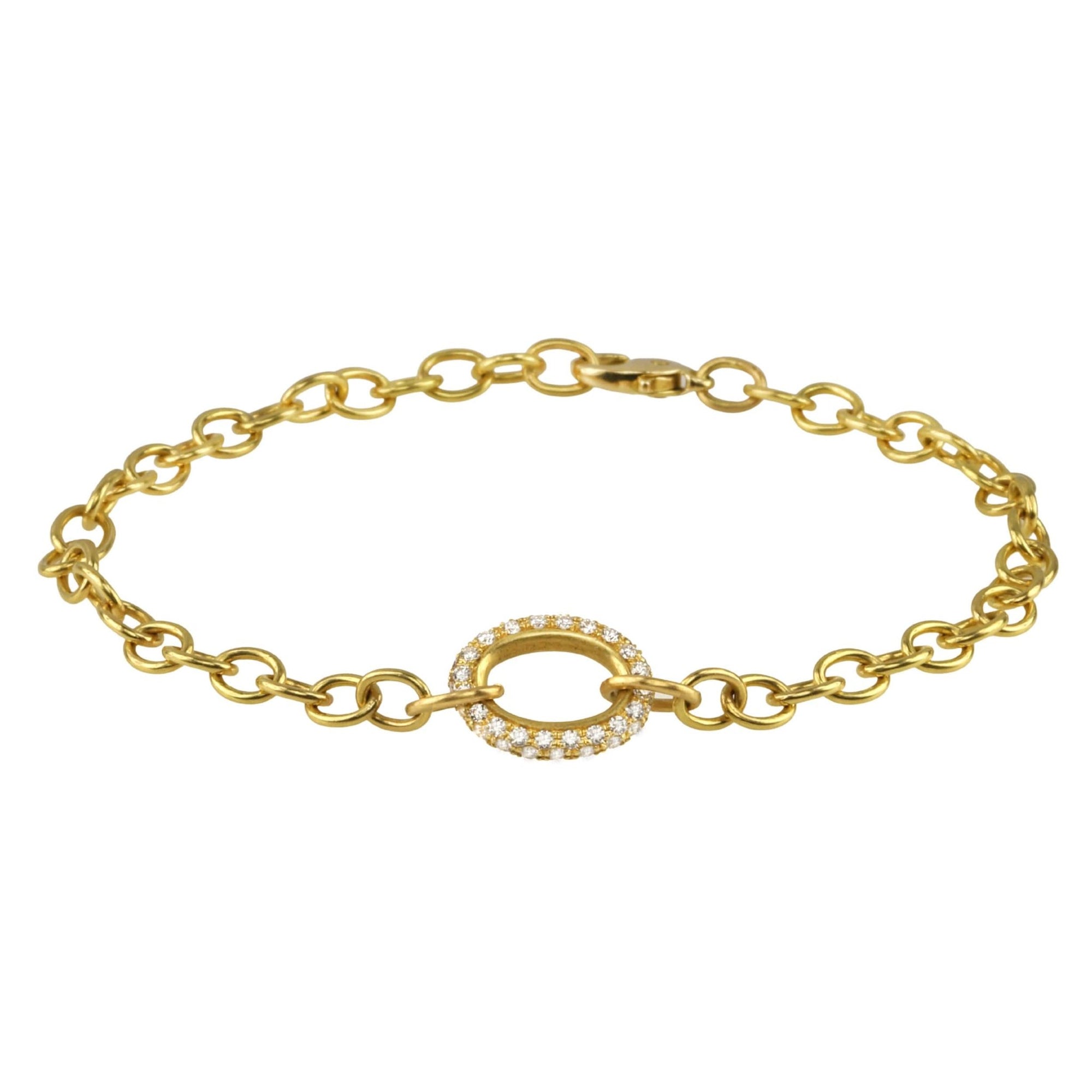 Caroline Ellen 20K Gold Handmade Small Oval Link Bracelet with Pave Diamond Oval Centerpiece