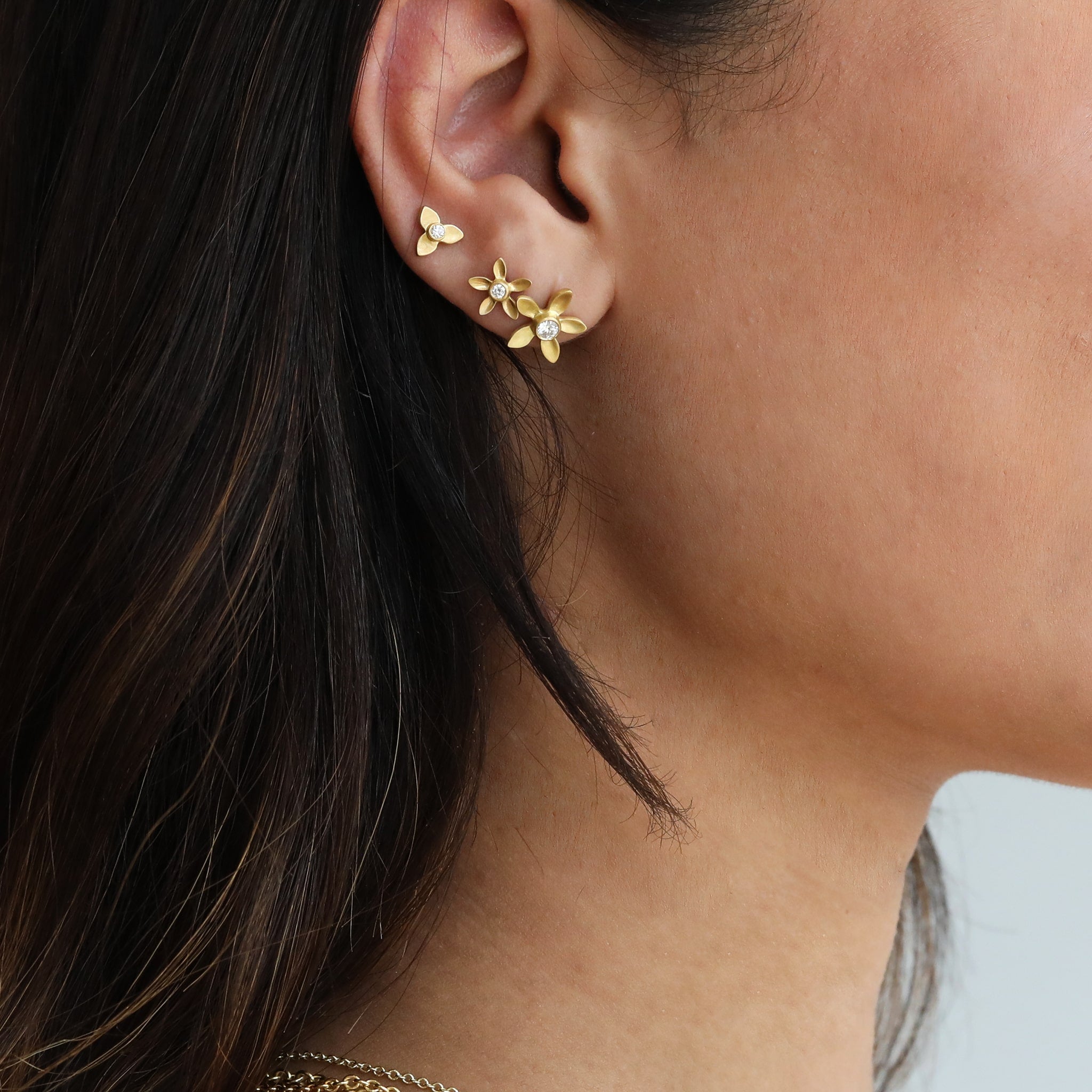 Caroline Ellen 20K Gold Large Five Petal Flower Post Earrings with Diamond Center
