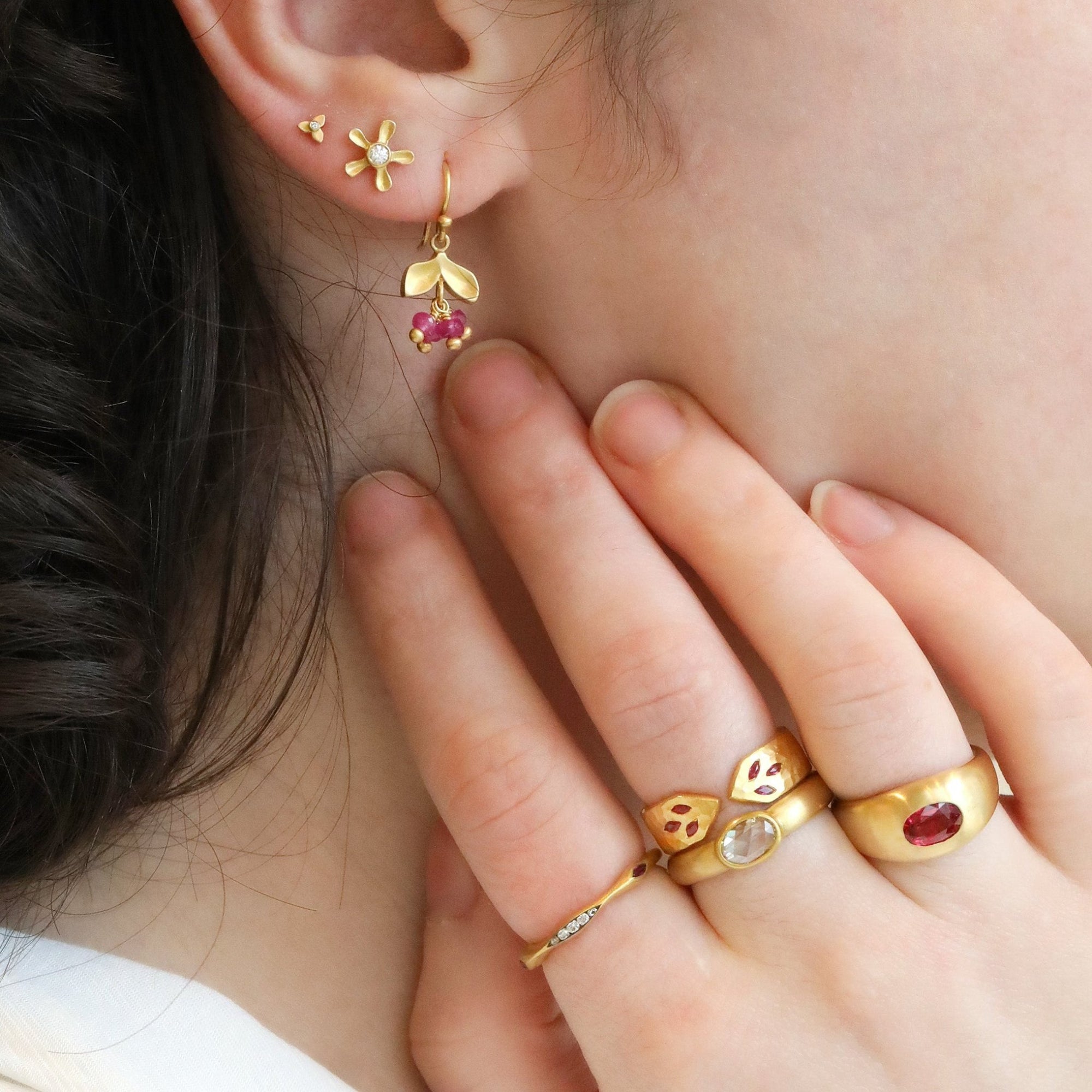 20K Gold Laurel Earrings with Three Dangling Ruby Stones - Peridot Fine Jewelry - Caroline Ellen