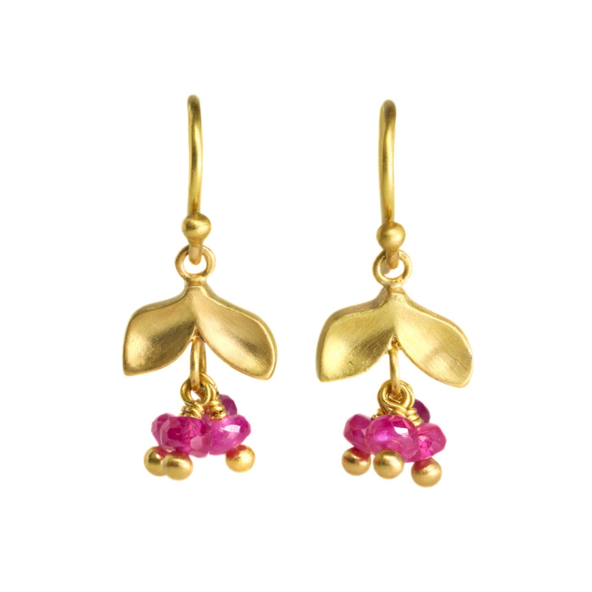 Caroline Ellen 20K Gold Laurel Earrings with Three Dangling Ruby Stones