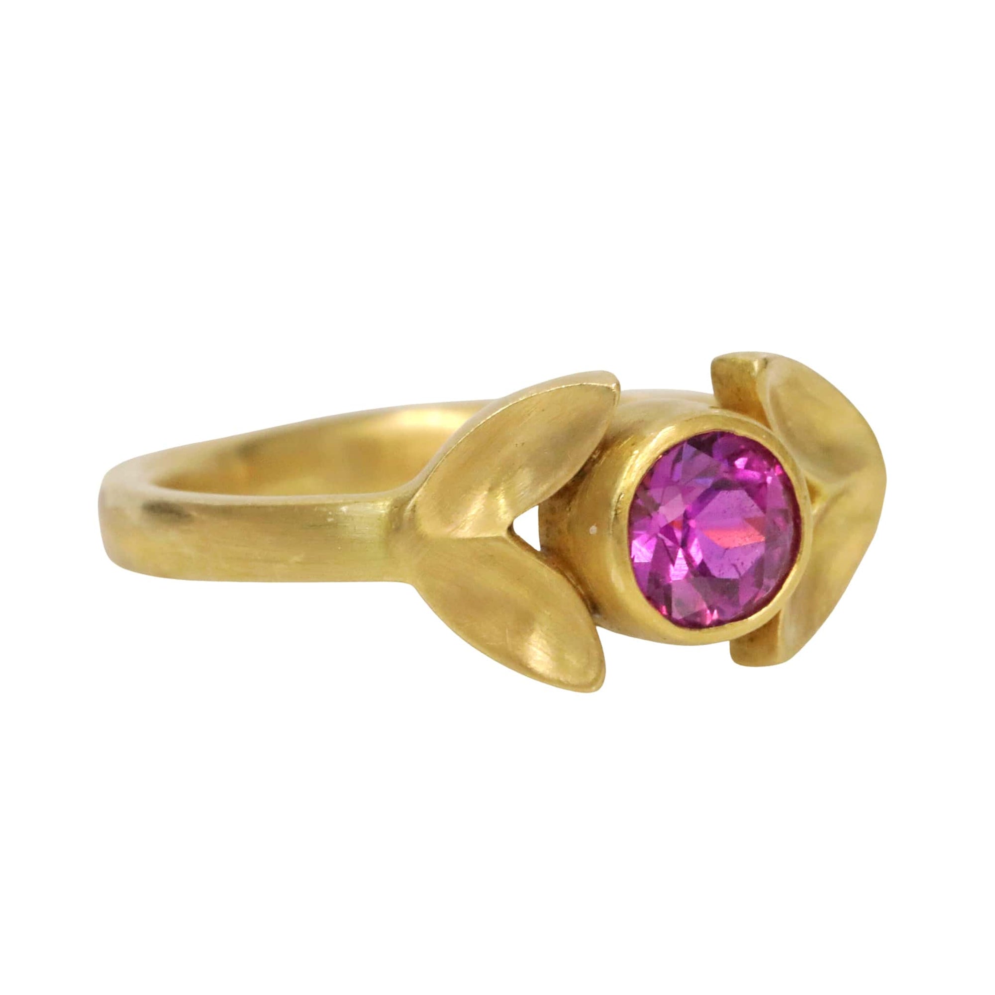Caroline Ellen Gold &quot;Laurel&quot; Ring with Bezel-Set Pink Sapphire Center