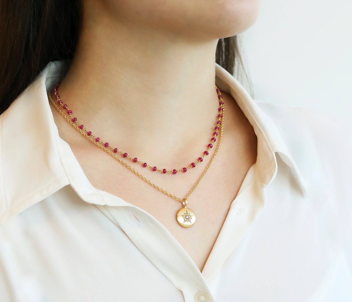 Caroline Ellen 20K Gold Medium &quot;Lentil&quot; Pendant with Cognac Diamond Star Shape