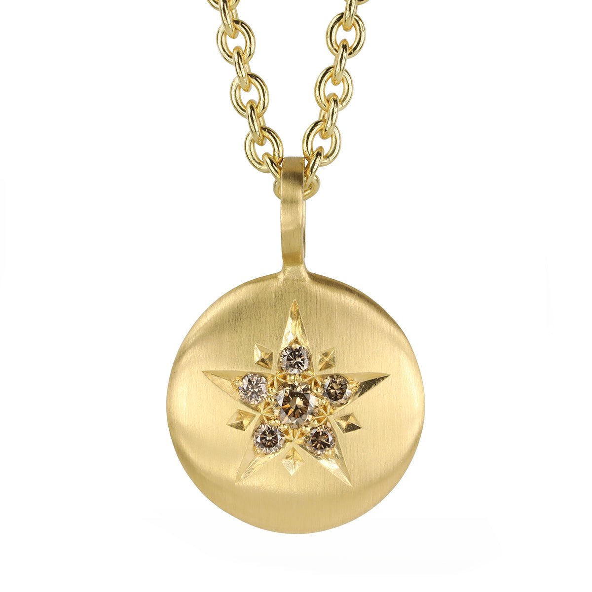 Caroline Ellen 20K Gold Medium &quot;Lentil&quot; Pendant with Cognac Diamond Star Shape