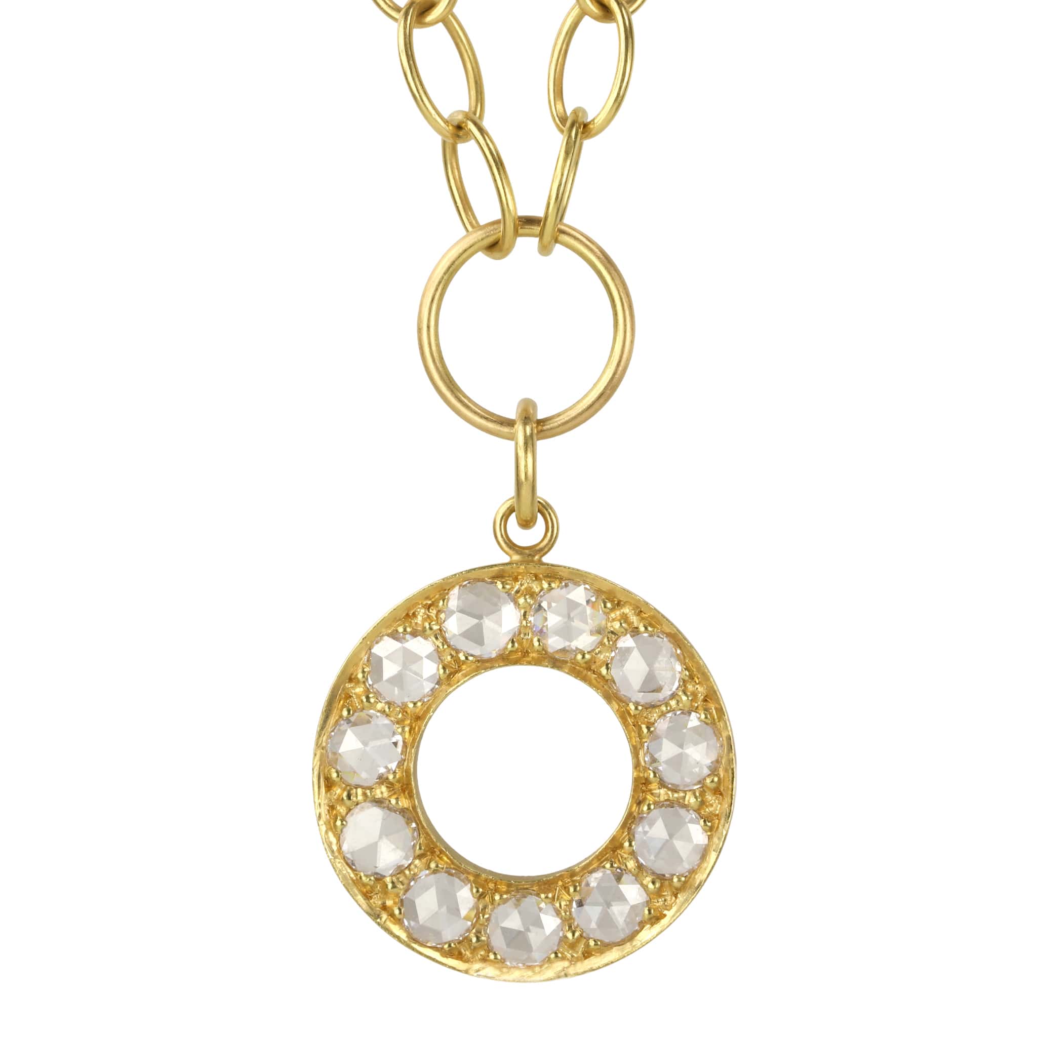 Caroline Ellen 20K Gold Circular Rose-Cut Diamond Pendant On Large Link Handmade Chain