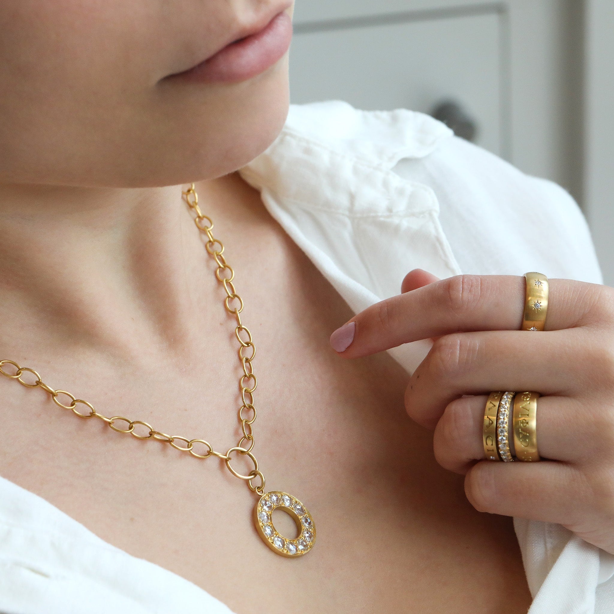 Caroline Ellen 20K Gold Circular Rose-Cut Diamond Pendant On Large Link Handmade Chain