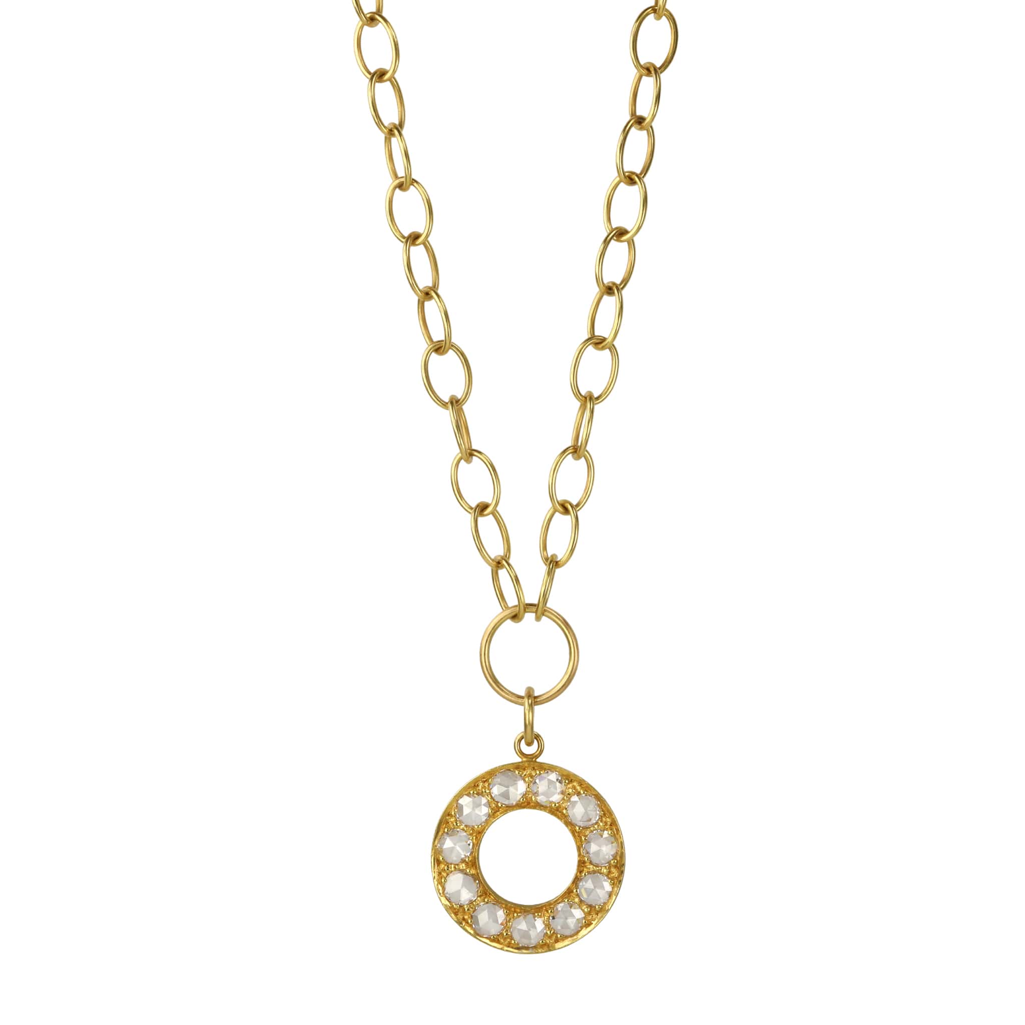 Caroline Ellen 20K Gold Circular Rose-Cut Diamond Pendant On Large Link Handmade Chain