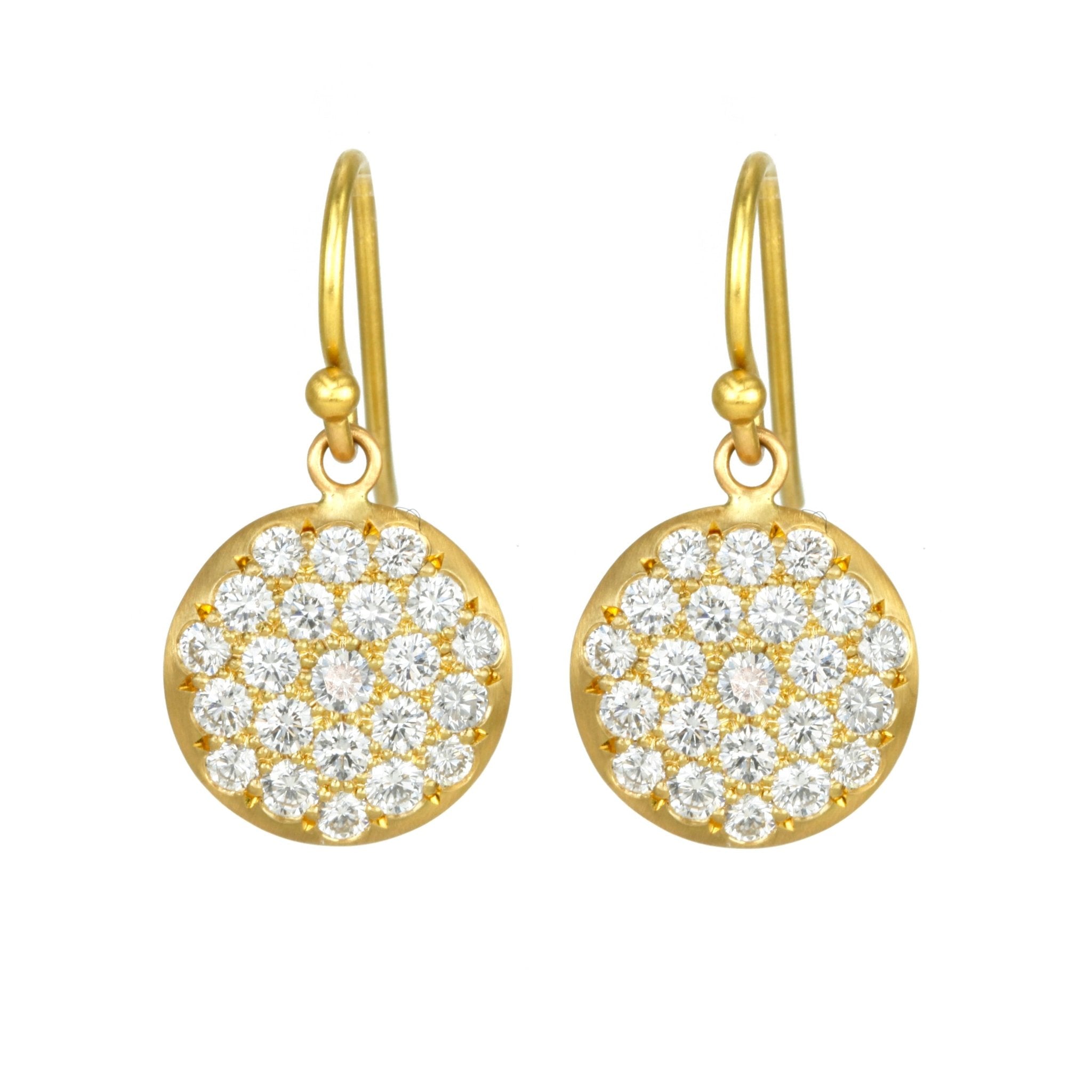 20K Gold Round Medium &quot;Lentil&quot; Pave Diamond Earrings