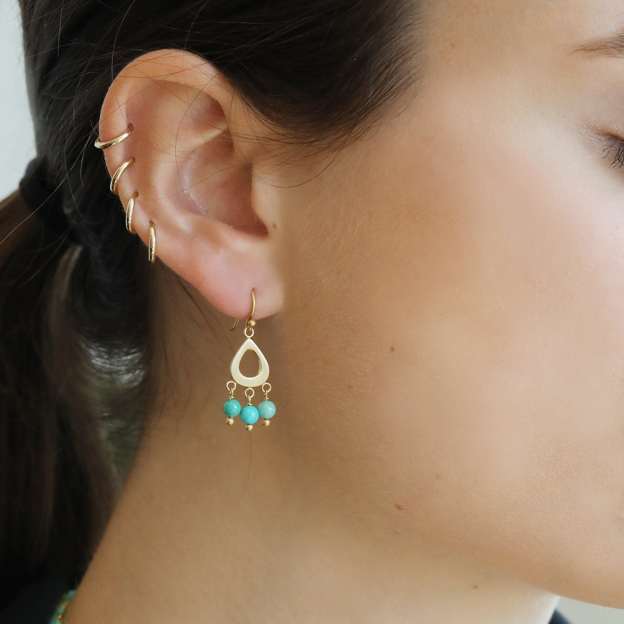 20K Gold Small Teardrop Earrings with Dangling Turquoise - Peridot Fine Jewelry - Caroline Ellen