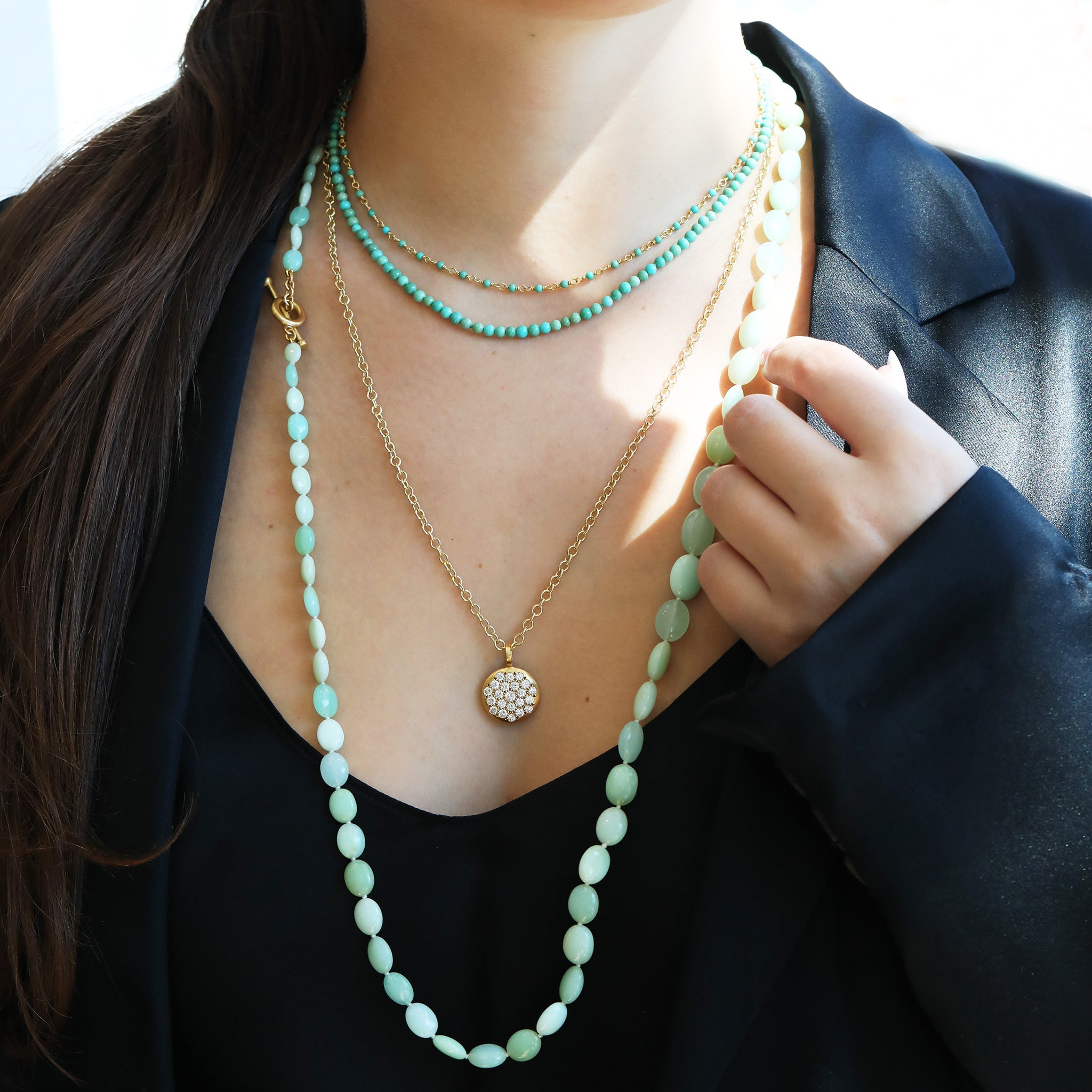 20K Gold Wire-Wrapped Turquoise Choker Necklace - Peridot Fine Jewelry - Caroline Ellen