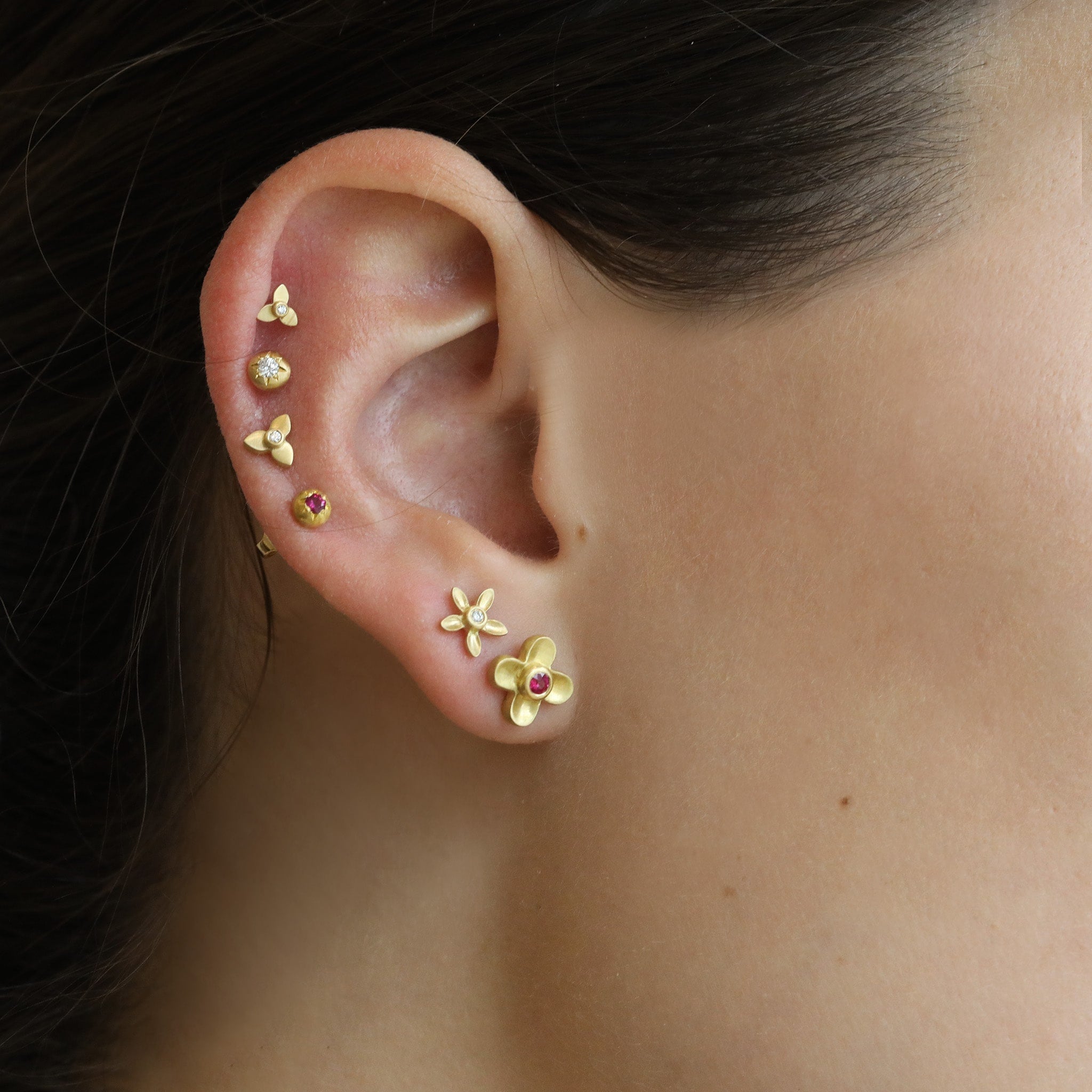 Caroline Ellen 20K Yellow Gold XS Three-Petal Flower Stud Earring with Bezel-Set Center Diamond (0.07 tcw)