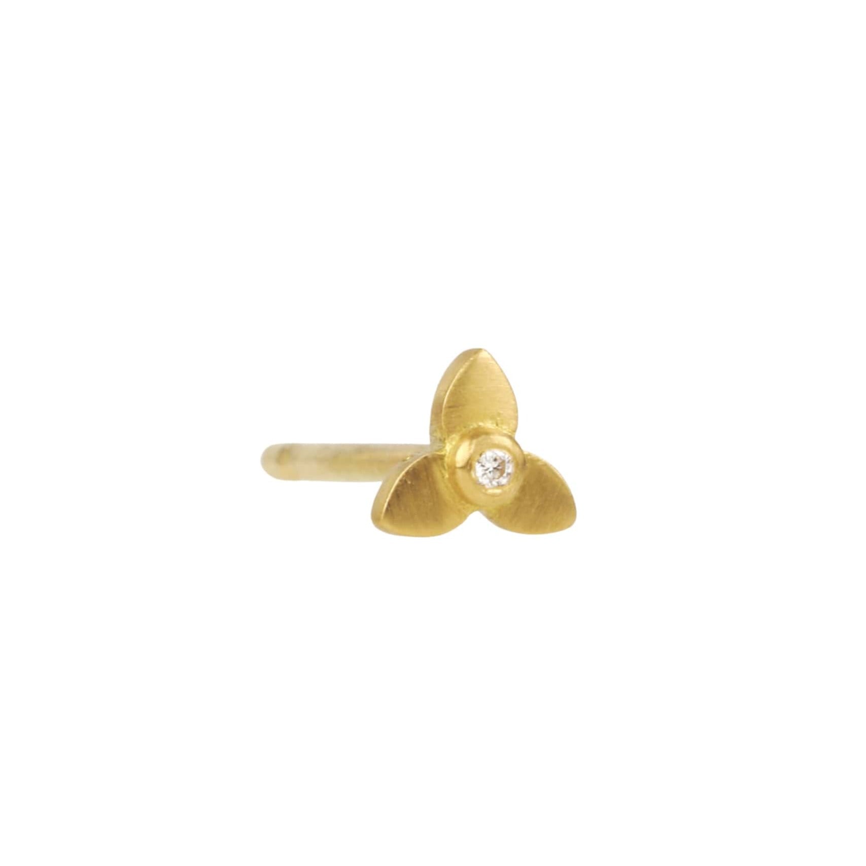 Caroline Ellen 20K Gold XXS Three-Petal Flower Stud Earring with Diamond Center