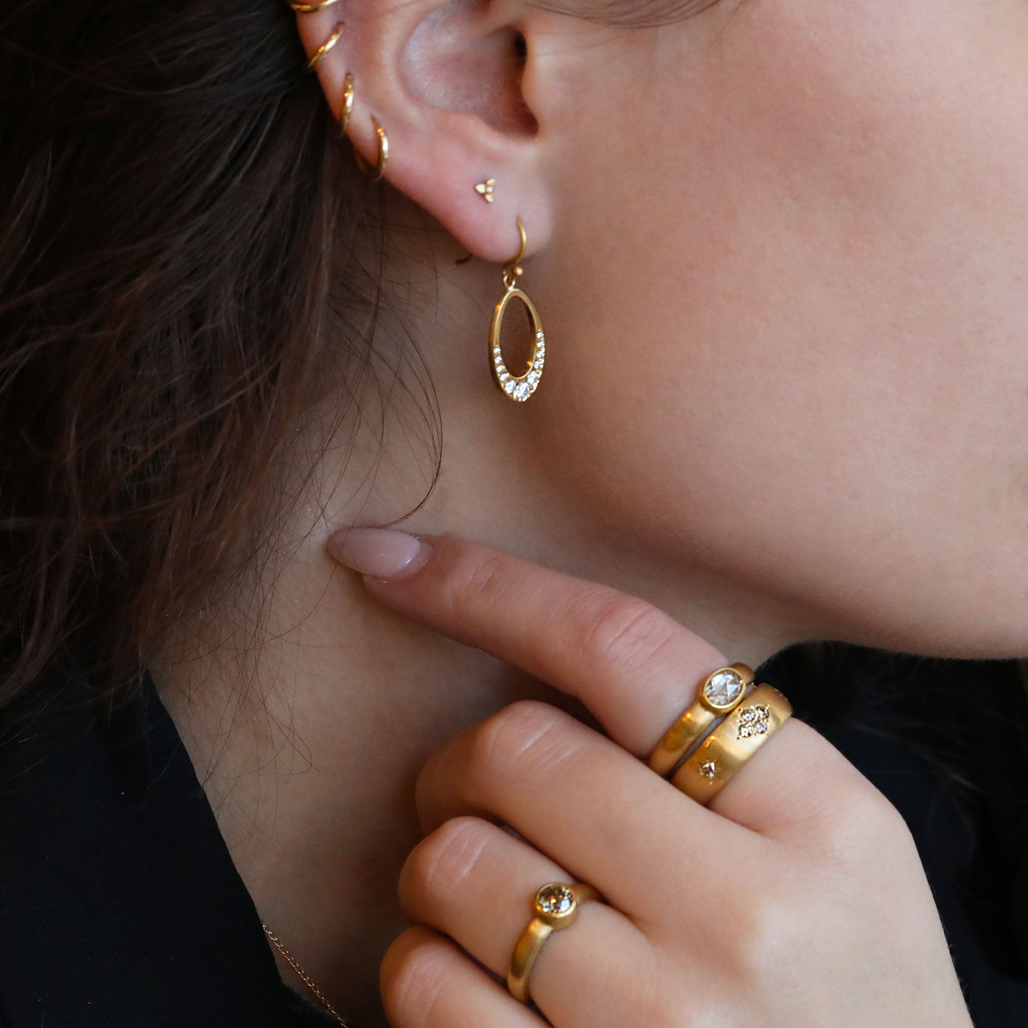 20K Gold XXX-Small Three-Petal Flower Stud Earring with Diamond Center - Peridot Fine Jewelry - Caroline Ellen