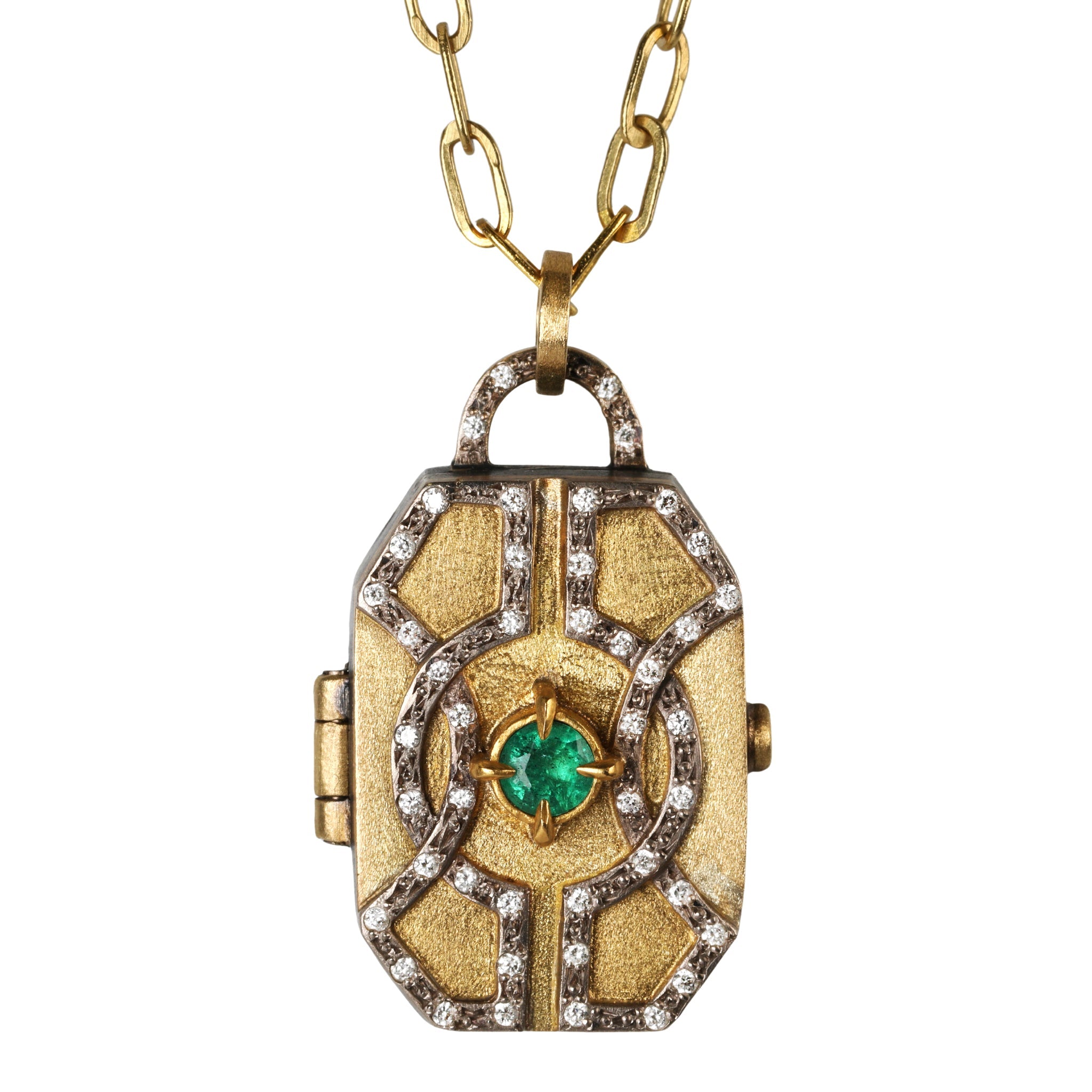 22 & 18K Gold Hand-Fabricated Locket with Center Emerald and Diamonds - Peridot Fine Jewelry - Annie Fensterstock
