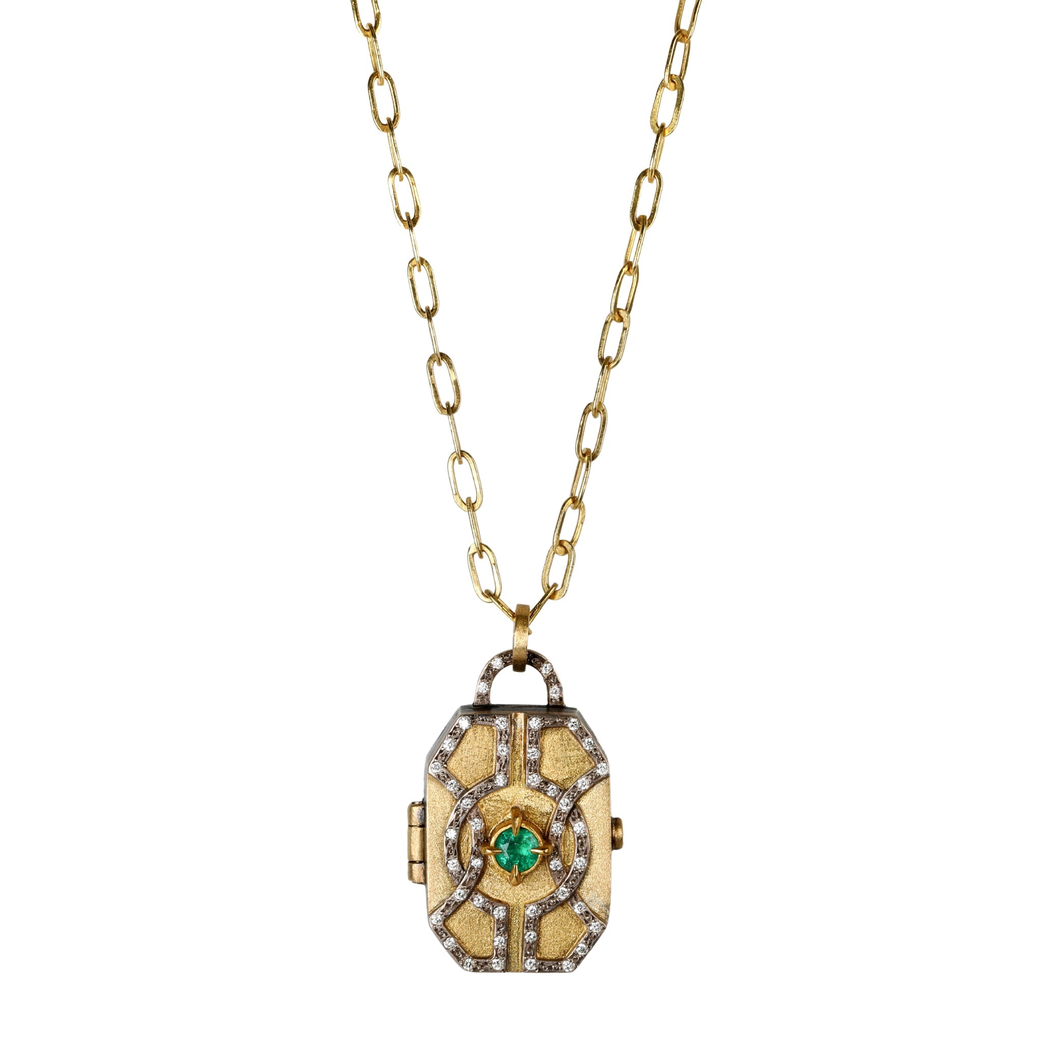 22 &amp; 18K Gold Hand-Fabricated Locket with Center Emerald and Diamonds - Peridot Fine Jewelry - Annie Fensterstock