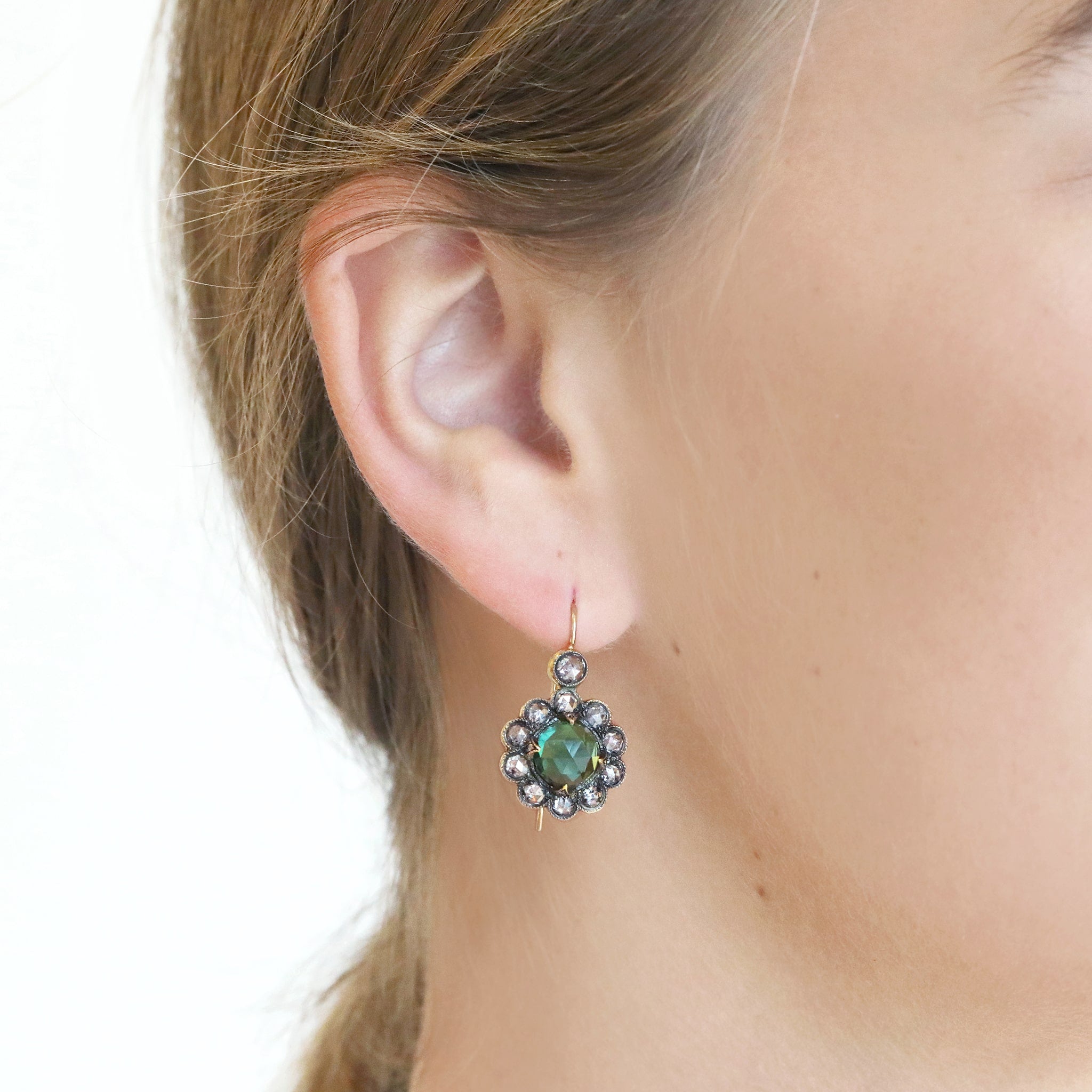 Cathy Waterman 22 Karat Yellow Gold Blue/Green Tourmaline and Diamond Lace Edge Earrings