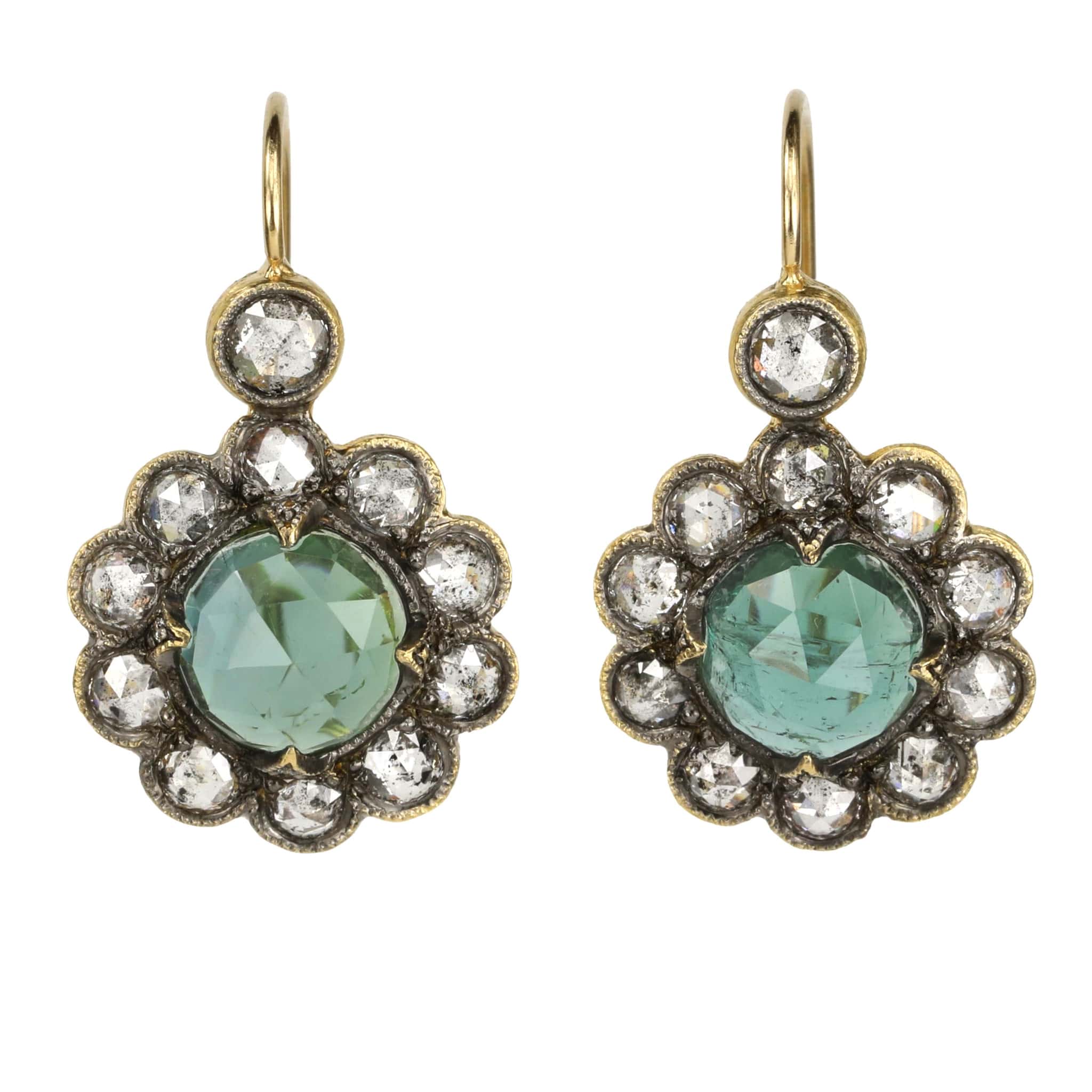 Cathy Waterman 22 Karat Yellow Gold Blue/Green Tourmaline and Diamond Lace Edge Earrings