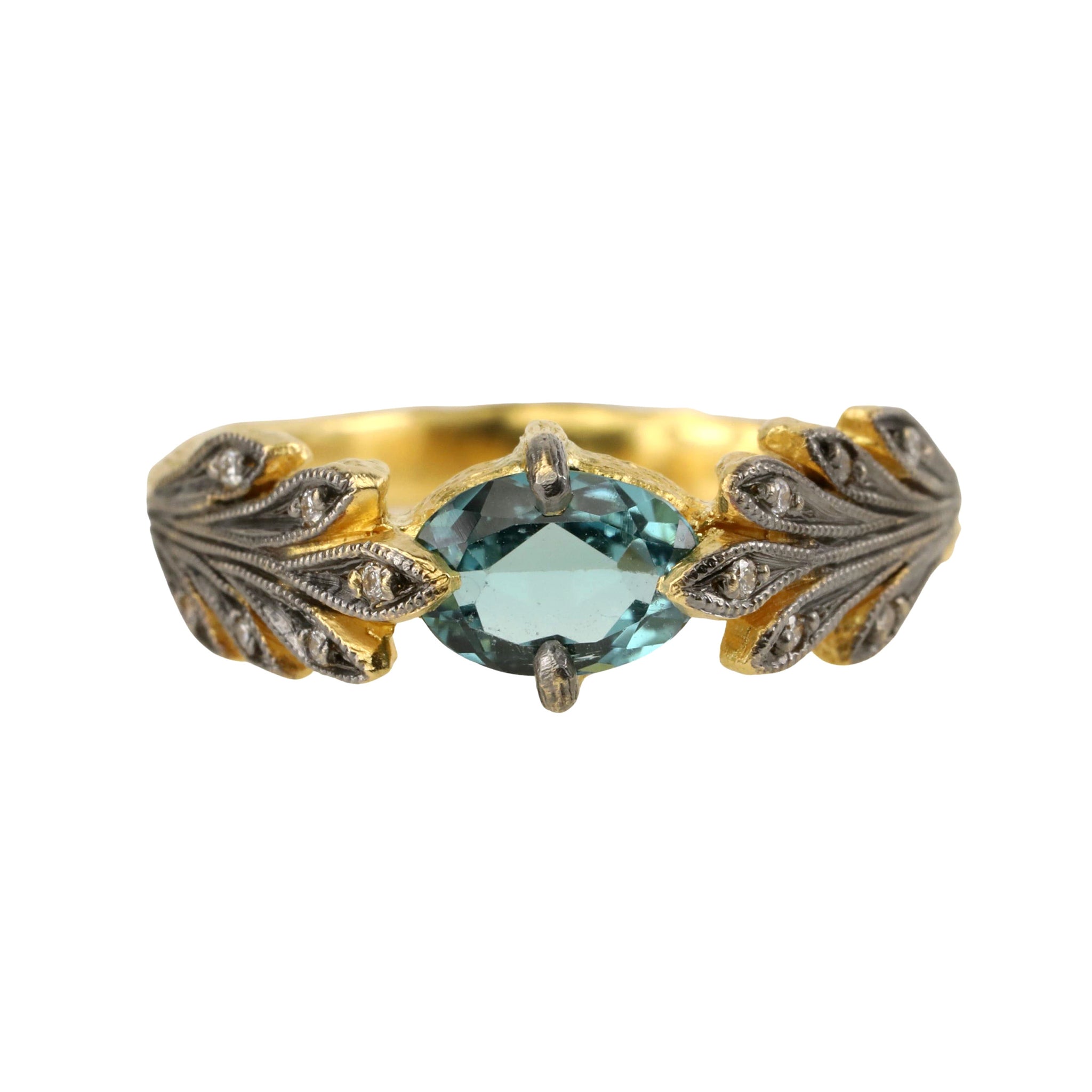 Cathy Waterman 22 Karat Yellow Gold Leafside Ring with Blue/Green Tourmaline and Diamonds