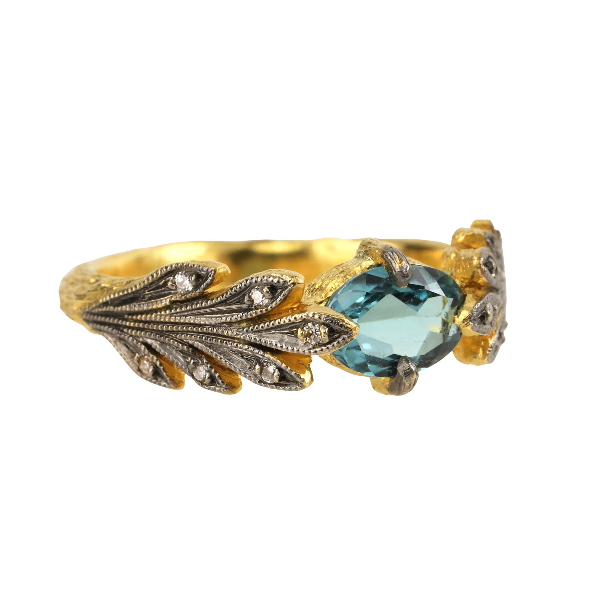 Cathy Waterman 22 Karat Yellow Gold Leafside Ring with Blue/Green Tourmaline and Diamonds