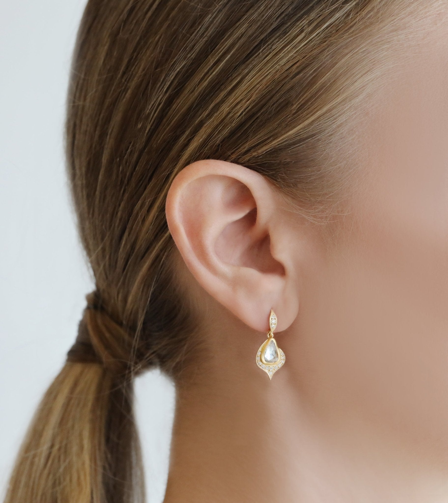 Annie Fensterstock 22K and 18K Gold White Sapphire and Diamond &quot;Spade&quot; Earrings