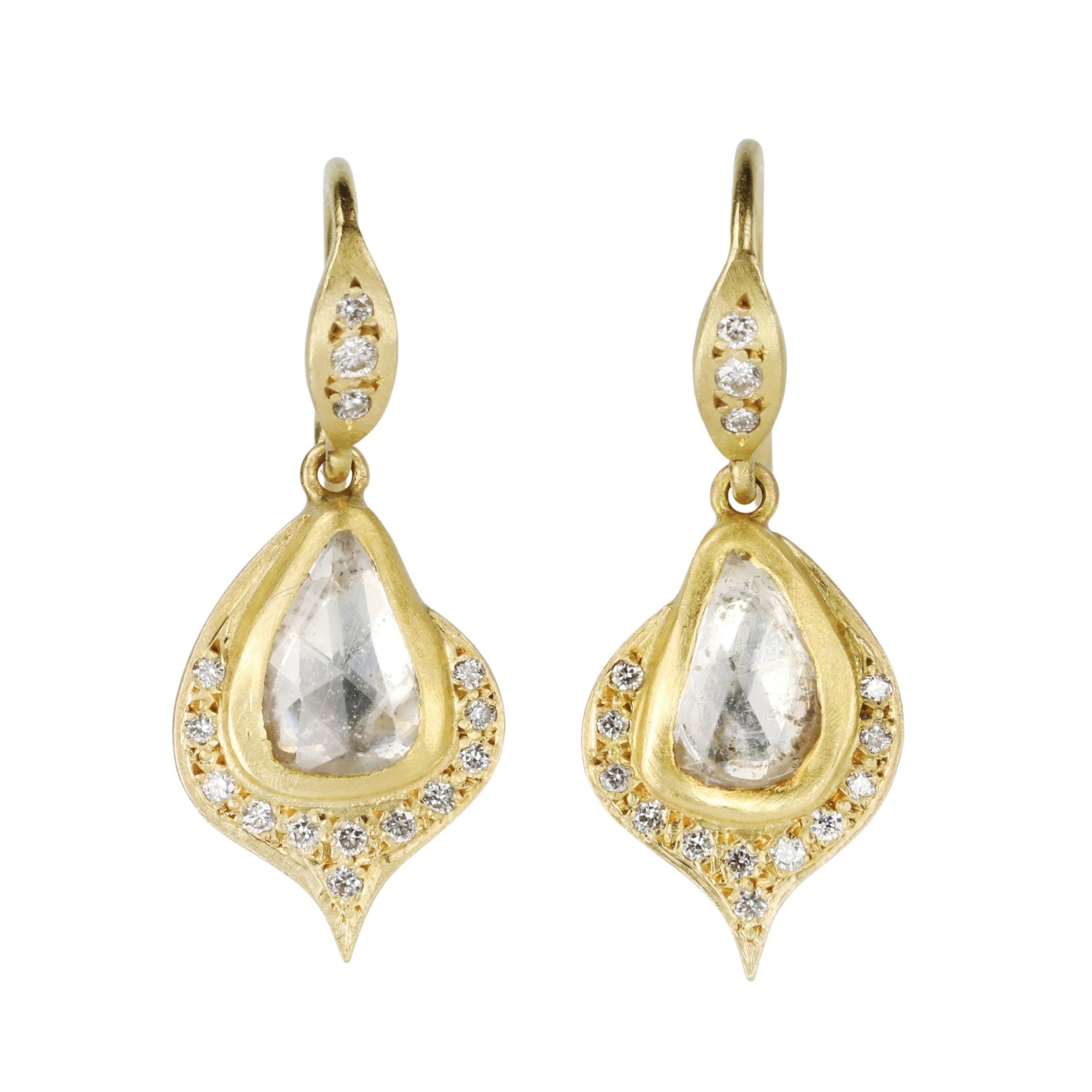 Annie Fensterstock 22K and 18K Gold White Sapphire and Diamond &quot;Spade&quot; Earrings