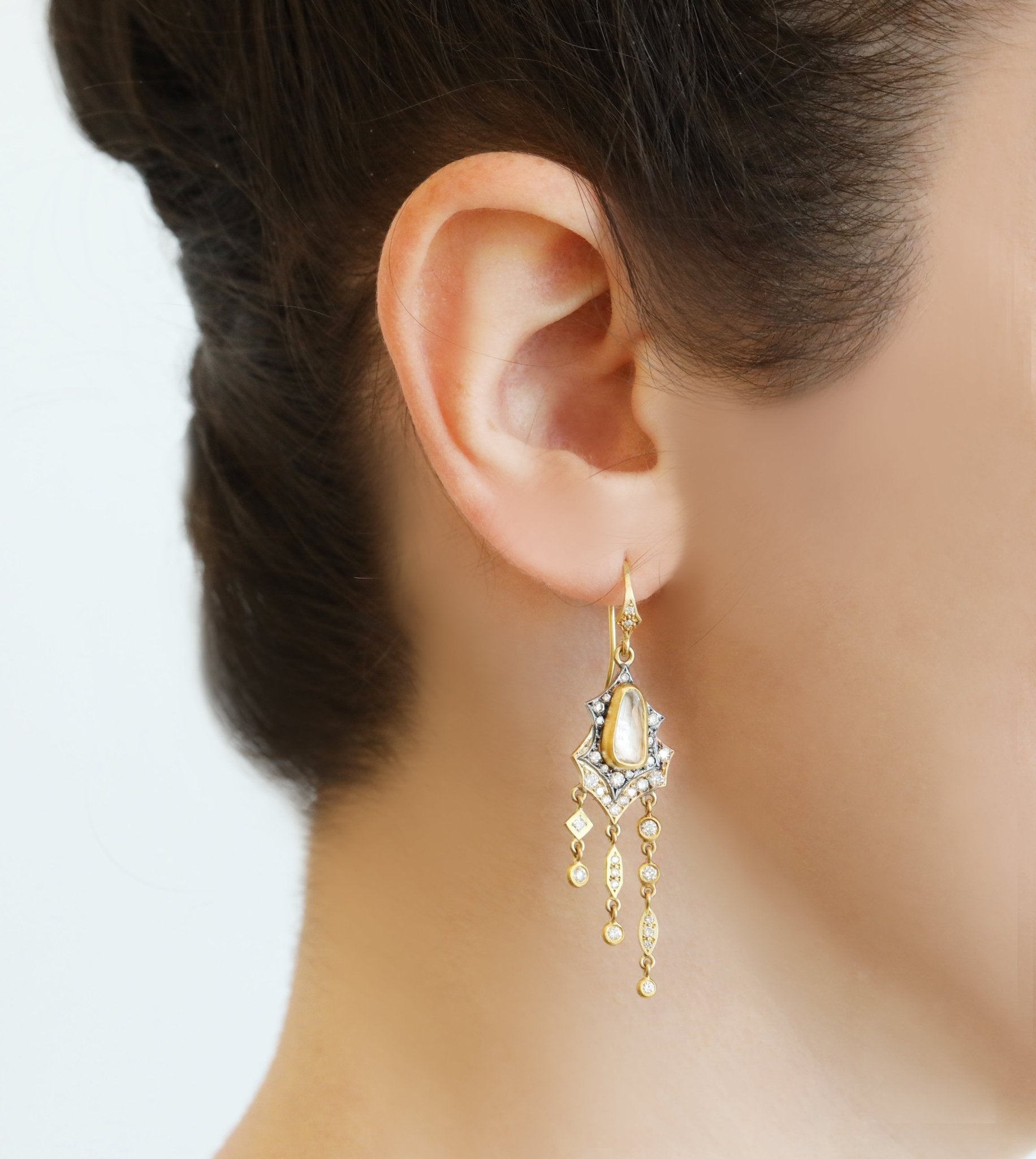 Annie Fensterstock 22K Yellow Gold and 18K White Gold Double Scallop Earrings with White Sapphires