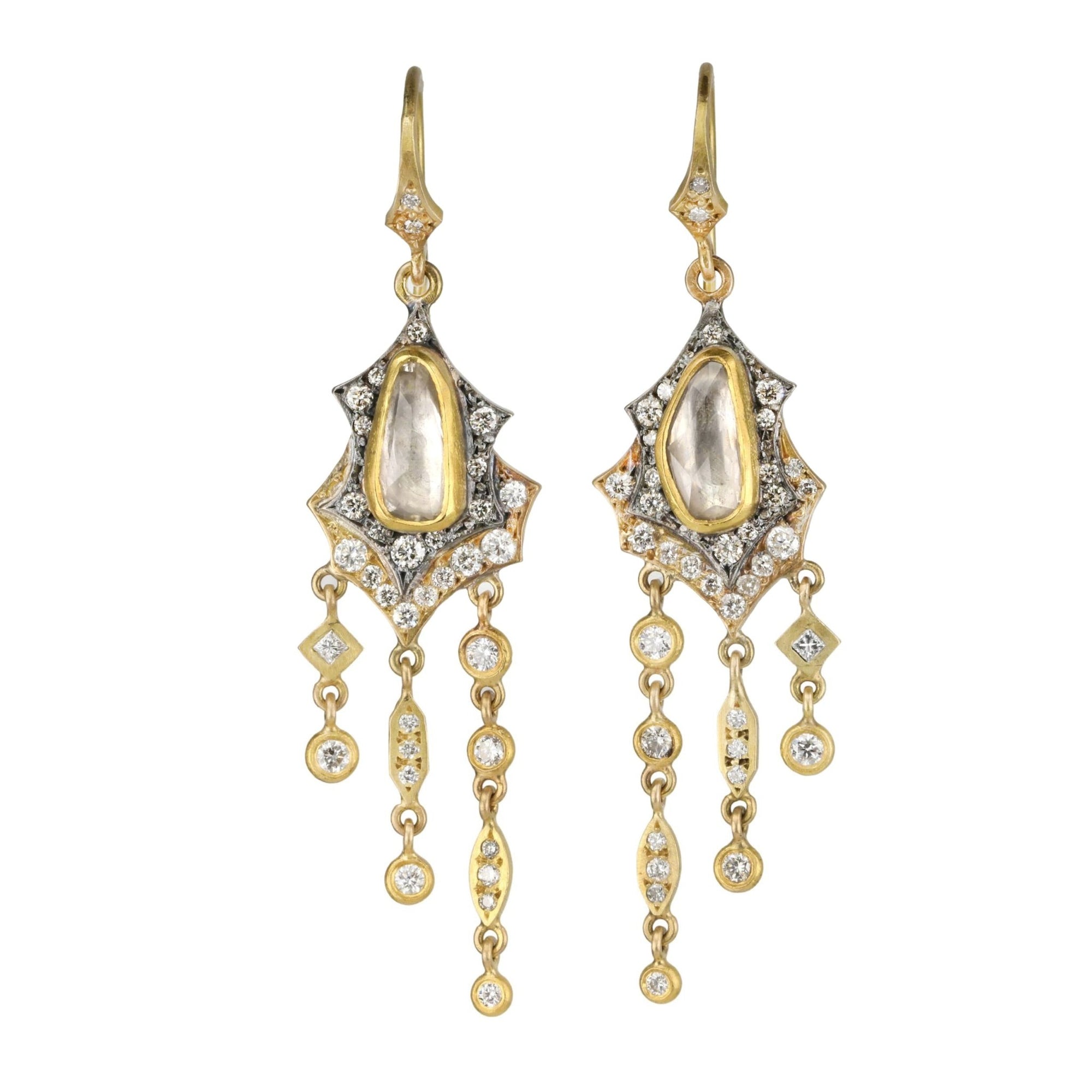 Annie Fensterstock 22K Yellow Gold and 18K White Gold Double Scallop Earrings with White Sapphires
