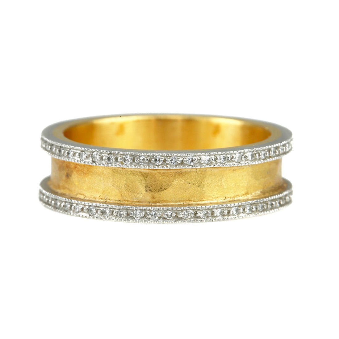 Cathy Waterman Gold and Platinum Hammered Ring with Diamonds