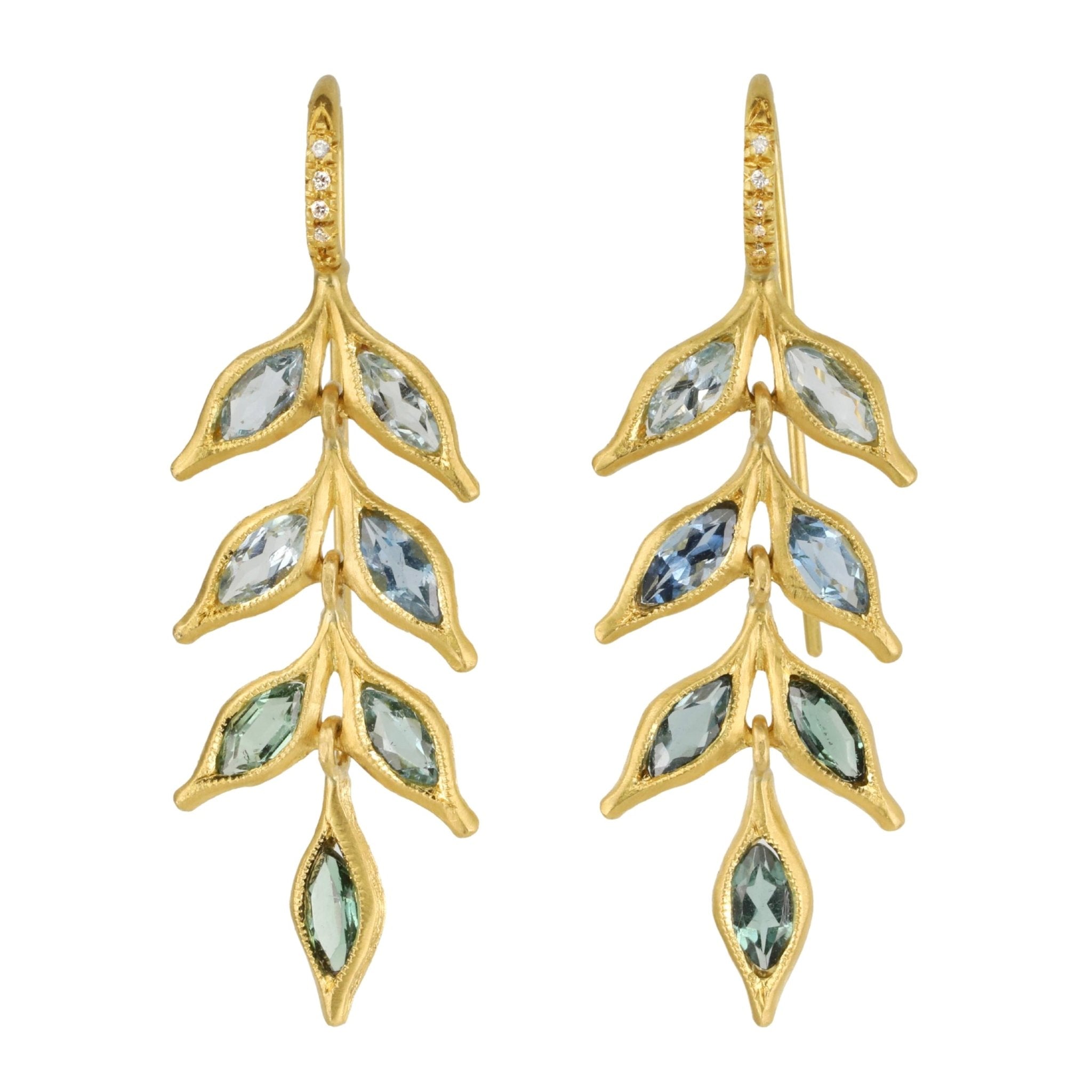 Cathy Waterman 22K Gold Aqua and Tourmaline Falling Leaf Earrings with White Pave Diamonds