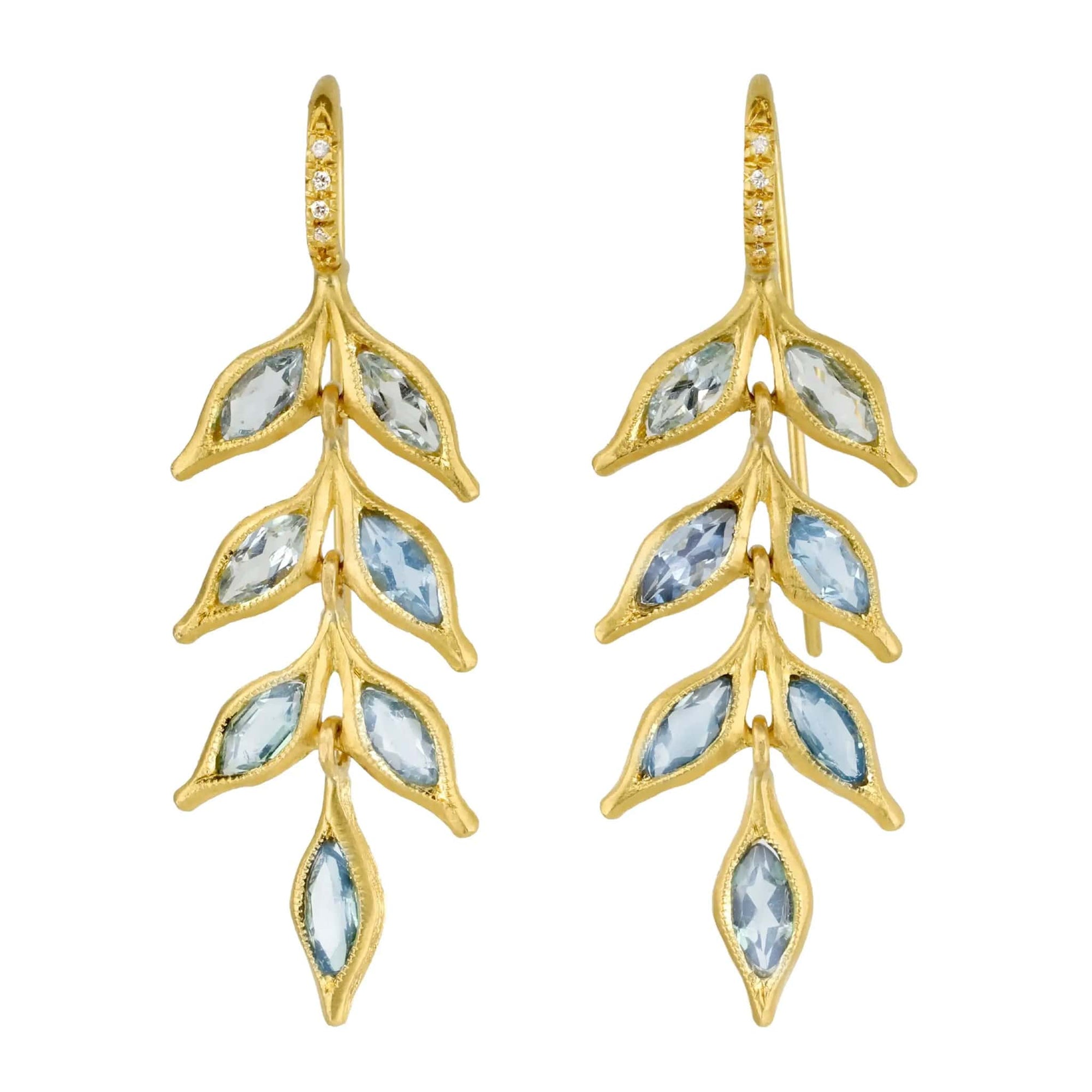 Cathy Waterman 22K Gold Aquamarine Falling Leaf Earrings with White Pave Diamonds