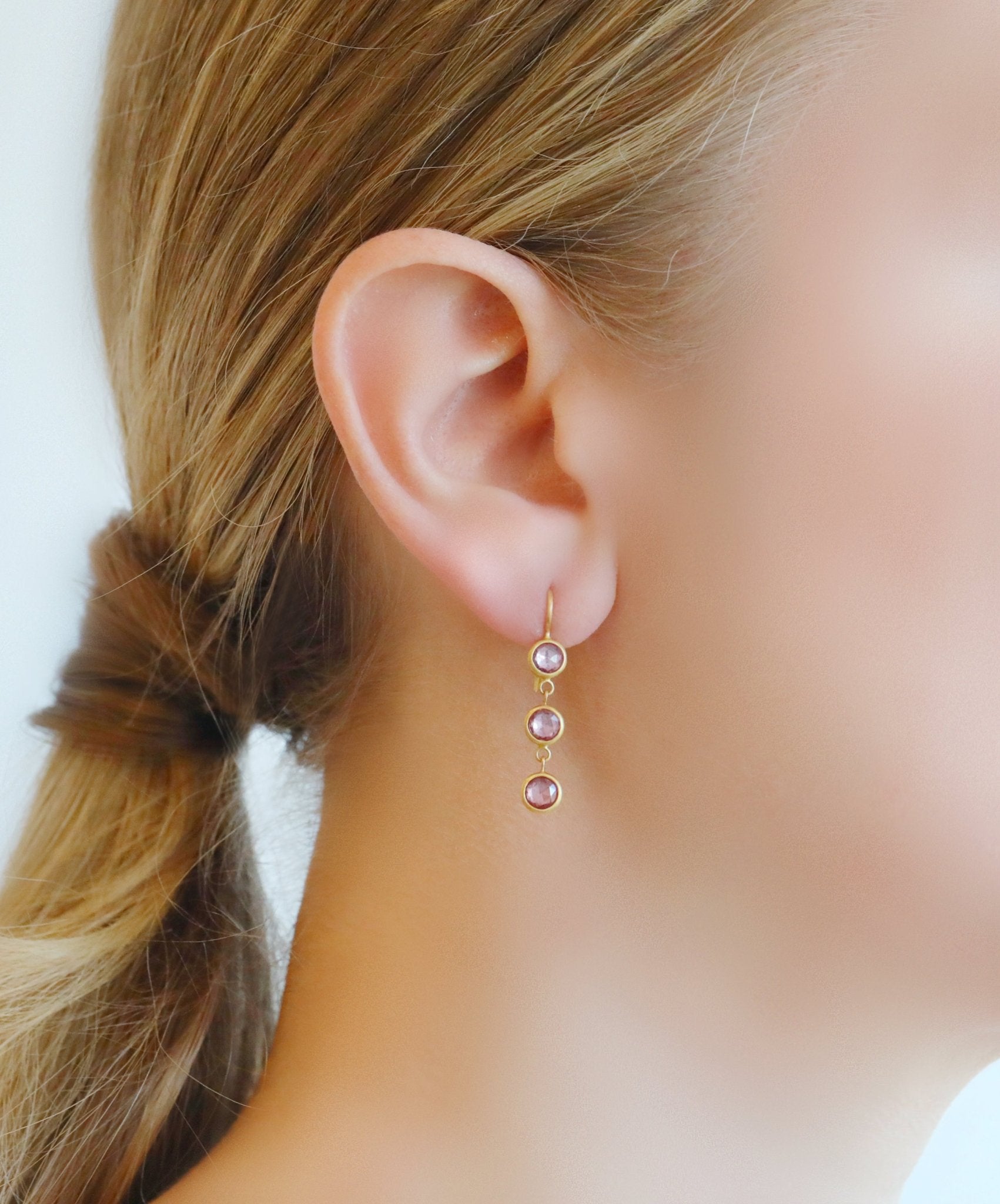 22K Gold Bezel-Set Rose Cut Pink Sapphire Triple Drop Earrings