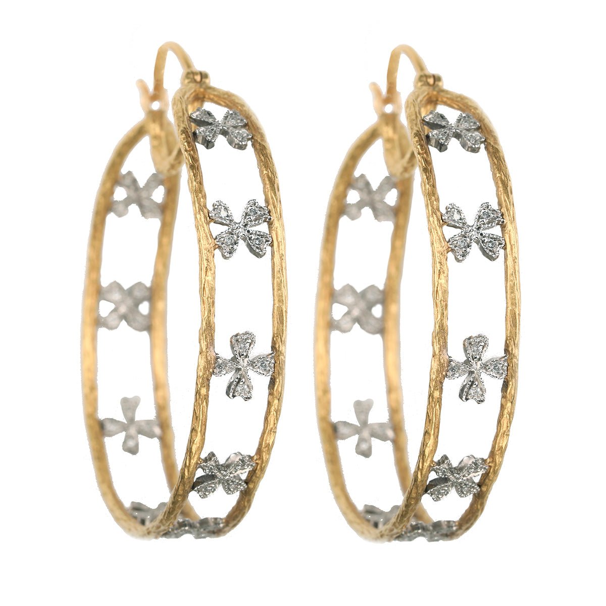 Cathy Waterman 22K Gold &quot;Branch&quot; Hoops with Platinum &amp; Diamond &quot;Wildflowers&quot;