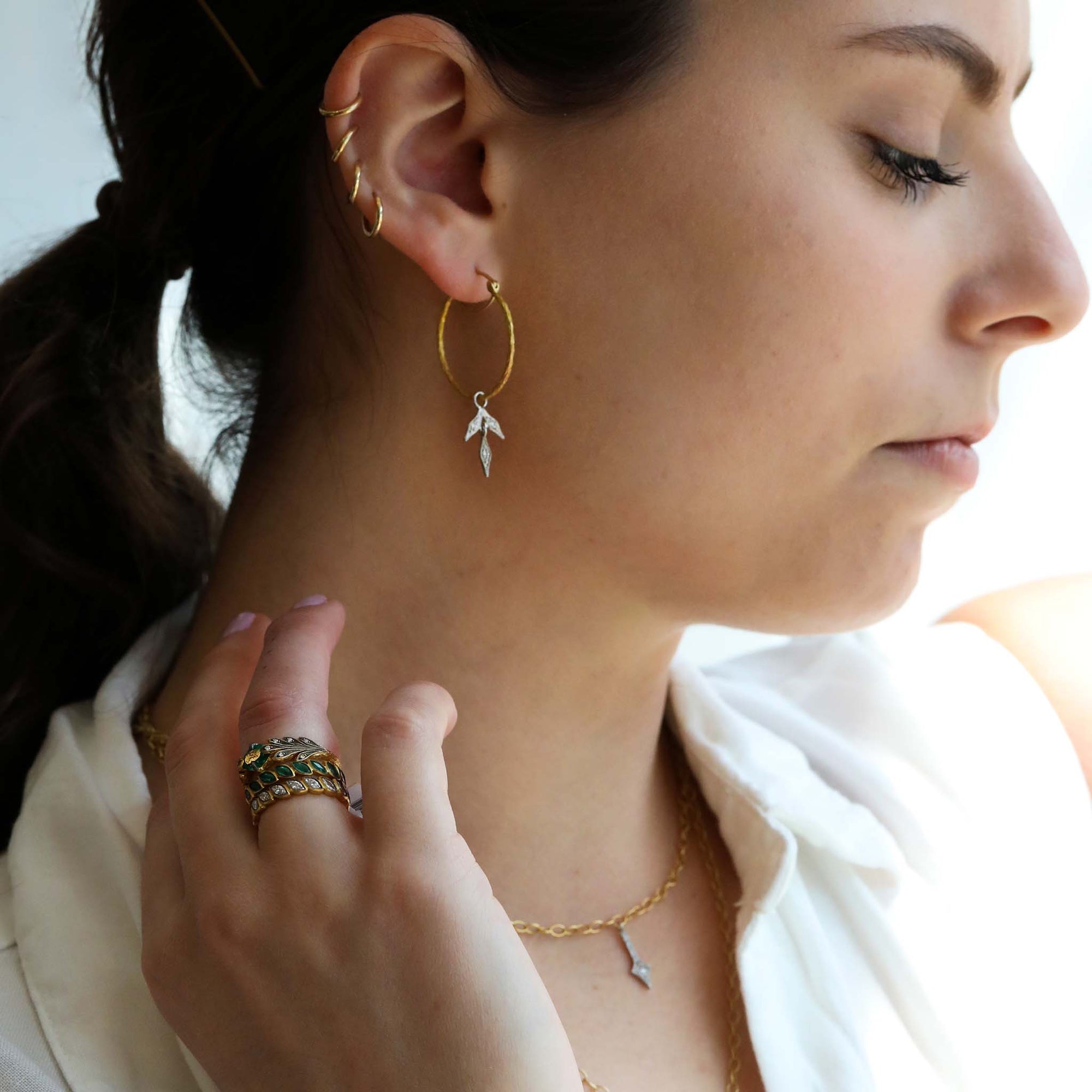 22K Gold Branched Hoop Earrings with Platinum &amp; Diamond Leaves