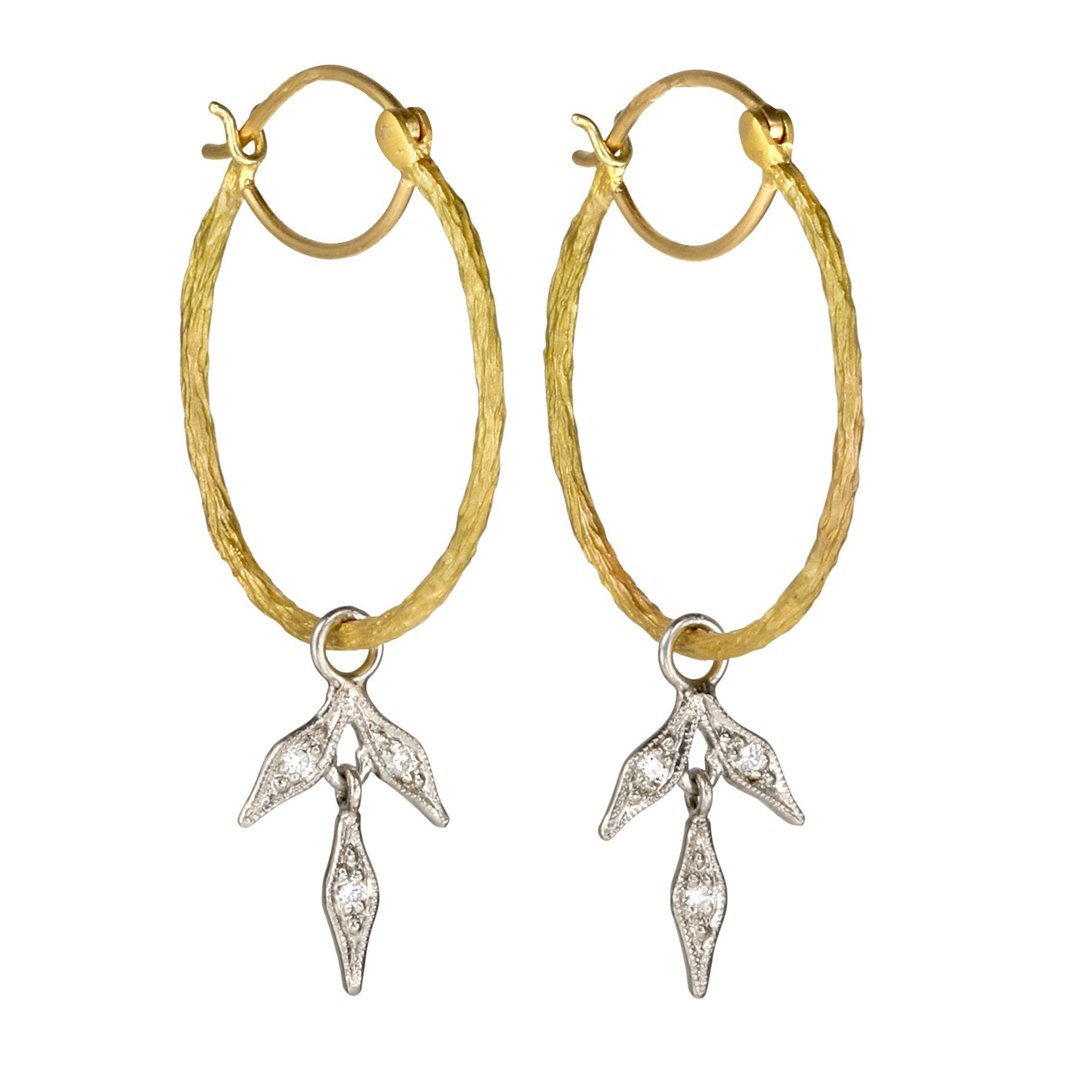 22K Gold Branched Hoop Earrings with Platinum &amp; Diamond Leaves