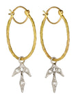 22K Gold Branched Hoop Earrings with Platinum & Diamond Leaves